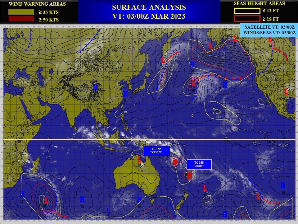 TC 16P(KEVIN) CAT 2 US intensifying tracking over Vanuatu//TC 15P(JUDY) subtropical //Remnants of TC 11S(FREDDY)//0309utc