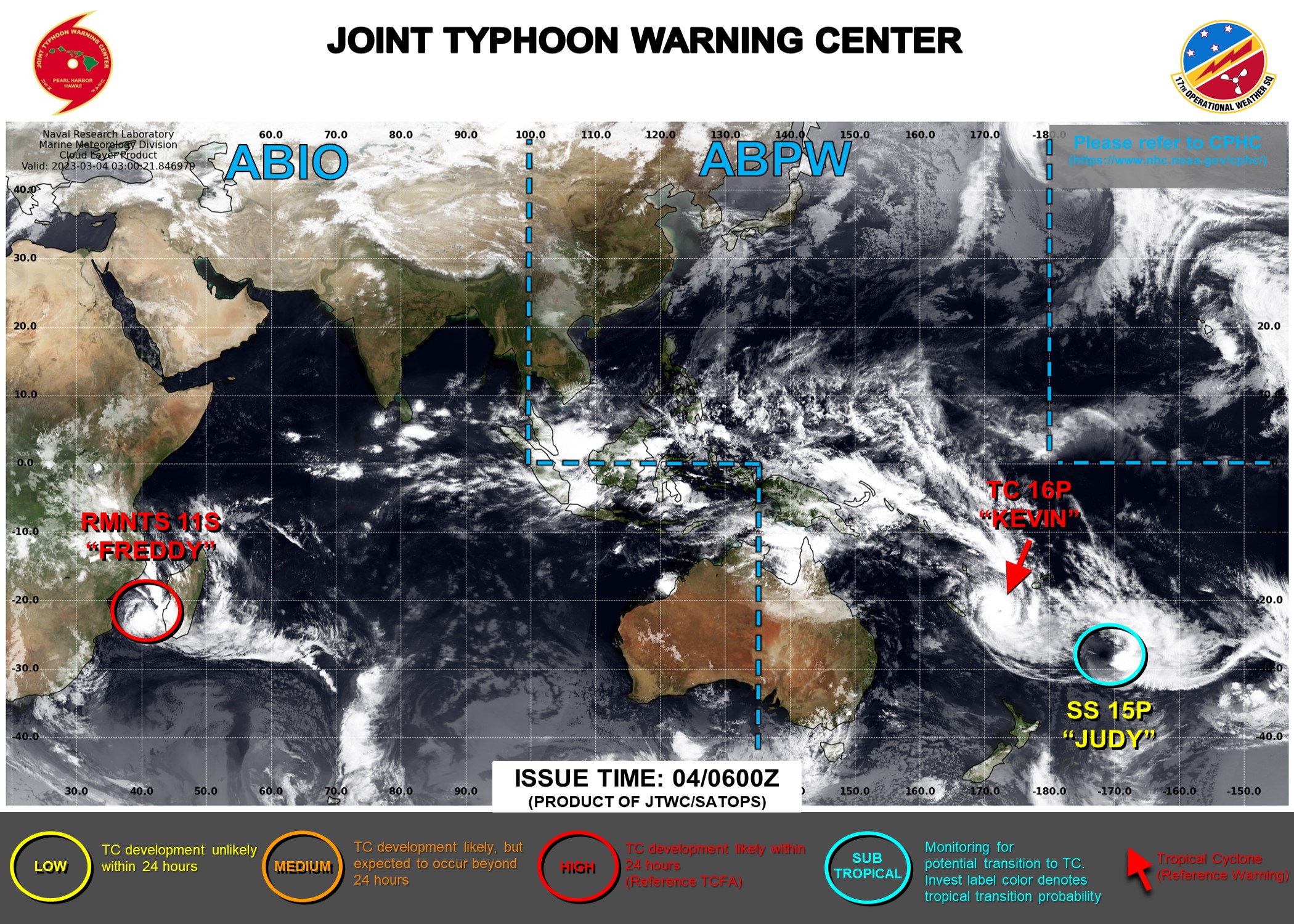 JTWC IS ISSUING 6HOURLY WARNINGS AND 3HOURLY SATELLITE BULLETINS ON TC 16P(KEVIN). 3HOURLY SATELLITE BULLETINS ARE ISSUED ON SS 15P(JUDY) AND THE REMNANTS OF TC 11S(FREDDY).