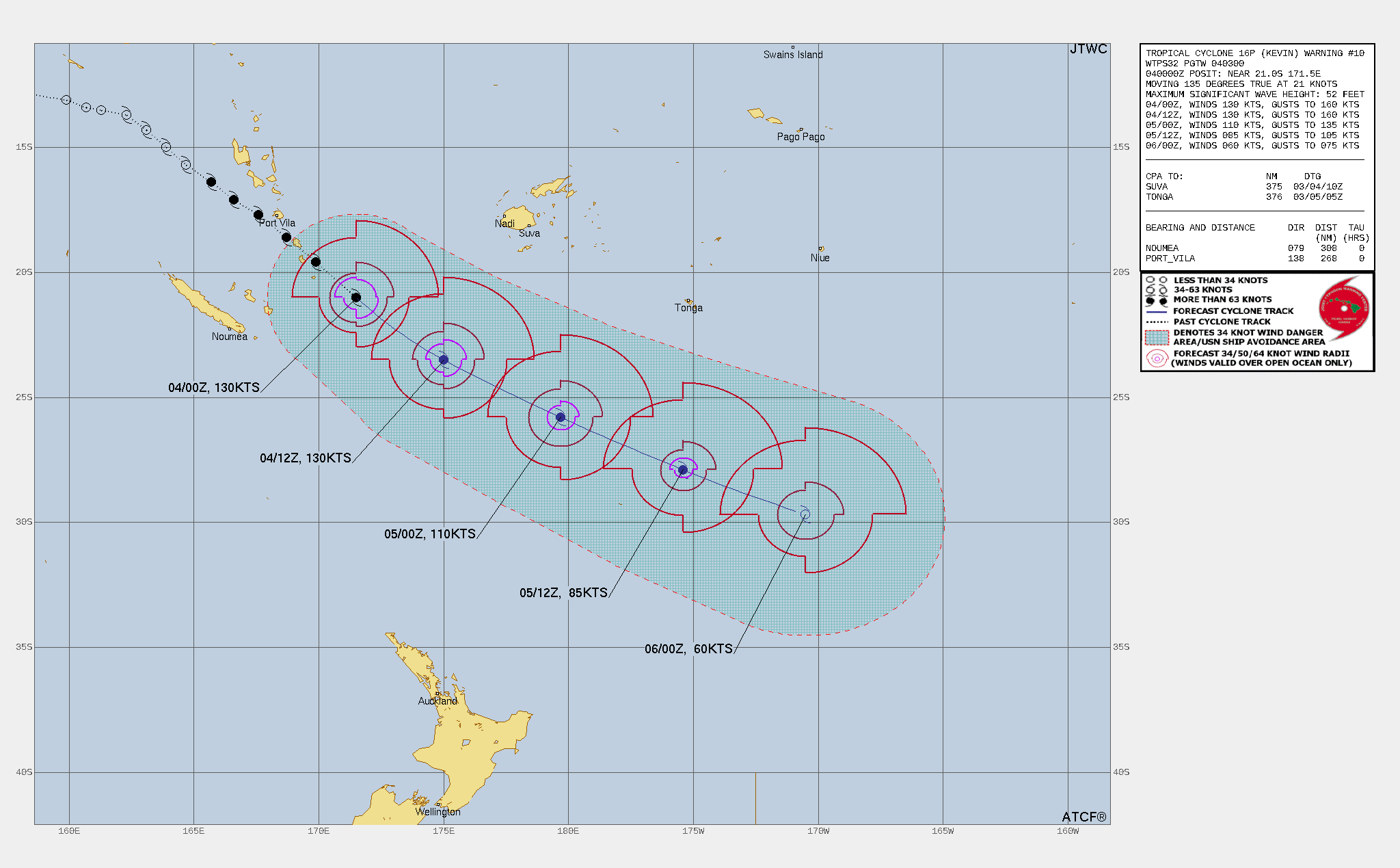 FORECAST REASONING.  SIGNIFICANT FORECAST CHANGES: THERE ARE NO SIGNIFICANT CHANGES TO THE FORECAST FROM THE PREVIOUS WARNING.  FORECAST DISCUSSION: NO SIGNIFICANT CHANGE IN THE FORECAST TRACK IS EXPECTED THROUGH THE FORECAST PERIOD, WITH TC 15P ACCELERATING SOUTHEASTWARD ALONG THE WESTERN SIDE OF THE STEERING RIDGE CENTERED SOUTH OF SAMOA. TRACK SPEEDS ARE LIKELY TO SLOW TOWARDS THE END OF THE FORECAST AS THE STEERING GRADIENT IS ANTICIPATED TO WEAKEN SLIGHTLY. OTHERWISE, THE FORECAST TRACK REMAINS VERY CONSISTENT WITH THE PREVIOUS JTWC FORECASTS. IN TERMS OF INTENSITY, TC 16P HAS CLEARLY EXCEEDED ALL EXPECTATIONS IN REACHING ITS CURRENT INTENSITY. PASSING OVER WATERS ALREADY CHURNED UP BY THE PASSAGE OF TC JUDY, IT APPEARED UNLIKELY THERE WOULD BE ENOUGH ENERGY TO SUPPORT THE SYSTEM REACHING ITS CURRENT INTENSITY. THE STRONG RADIAL OUTFLOW COMBINED WITH A TAP INTO THE DIVERGENT POLEWARD OUTFLOW ON THE UPSTREAM SIDE OF A MID-LATITUDE TROUGH FUELED RAPID AXISYMMETRIZATION AS THE SYSTEM MOVED INTO OPEN WATERS. THESE FACTORS WERE LIKELY JUST ENOUGH TO OFFSET THE RELATIVELY LOW OHC AVAILABLE AND ENABLED THE ERI SEEN THIS MORNING. BUT AS THE CIMSS SHEAR ANALYSIS REVEALS, CONDITIONS ARE ALREADY STARTING TO CHANGE, WITH SHEAR NOW UP TO ABOUT 15 KNOTS. SHEAR IS EXPECTED TO CONTINUE TO RISE SHARPLY OVER THE NEXT 12 HOURS OR SO, AND IS EXPECTED TO REACH 30 KNOTS BY ABOUT TAU 12 AND INCREASING RAPIDLY THEREAFTER. IN THE NEXT SIX HOURS OR SO, TC 16P WILL LIKELY PEAK AT 135-140 KNOTS, AS EVIDENCED BY THE CONTINUING UPTICK IN ADT ESTIMATES. BUT BY TAU 12 IT WILL START TO FEEL THE EFFECTS OF THE INCREASING SHEAR AND A DECREASE IN AVAILABLE ENERGY AS IT MOVES INTO STEADILY COOLER WATERS AND BEGIN TO WEAKEN. BY TAU 36, SHEAR WILL INCREASE AGAIN TO OVER 45 KNOTS, AND EFFECTIVELY DECAPITATE THE SYSTEM, LEADING TO RAPID WEAKENING. SIMULTANEOUSLY THE SYSTEM WILL BE SMOTHERED BY MID-LEVEL DRY AIR ENCROACHING FROM THE WEST, MARKING THE START OF SUBTROPICAL TRANSITION (STT). BY TAU 48, THE REMNANT LOW-LEVEL CIRCULATION THAT WAS ONCE TC 16P, WILL COMPLETE STT AS A STRONG GALE-FORCE SUBTROPICAL LOW.