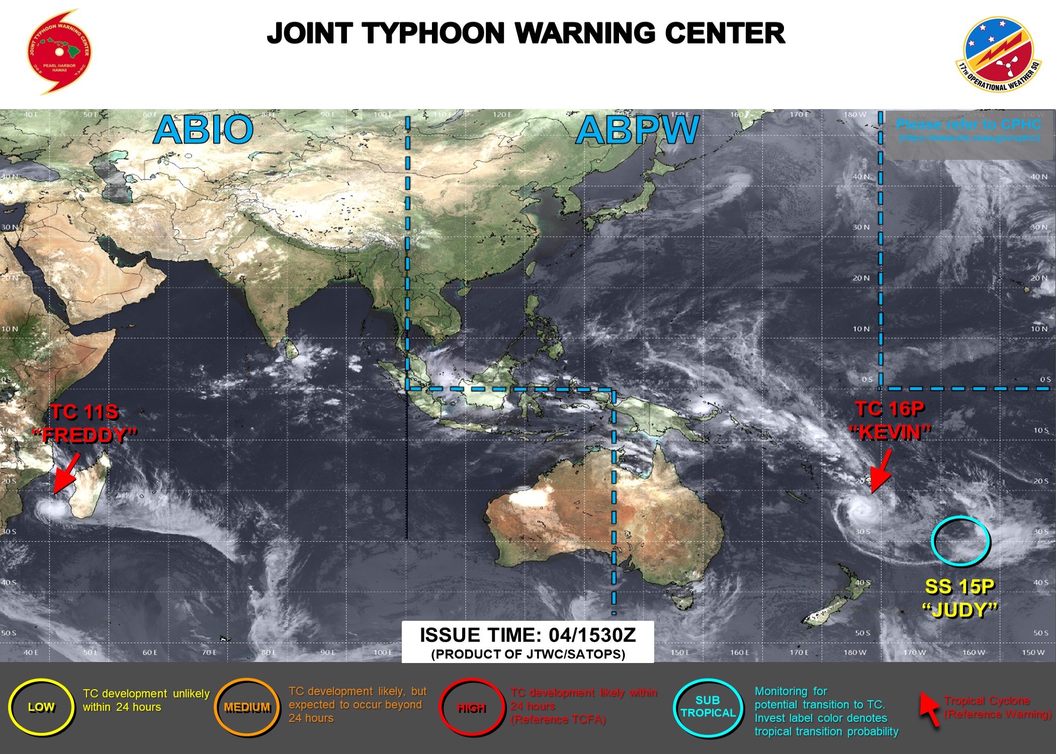 JTWC IS ISSUING 6HOURLY WARNINGS AND 3HOURLY SATELLITE BULLETINS ON TC 16P(KEVIN). 12HOURLY WARNINGS AND 3HOURLY SATELLITE BULLETINS ARE ISSUED ON TC 11S(FREDDY). 3HOURLY SATELLITE BULLETINS ARE ISSUED ON SUBTROPICAL STORM 15P(JUDY).
