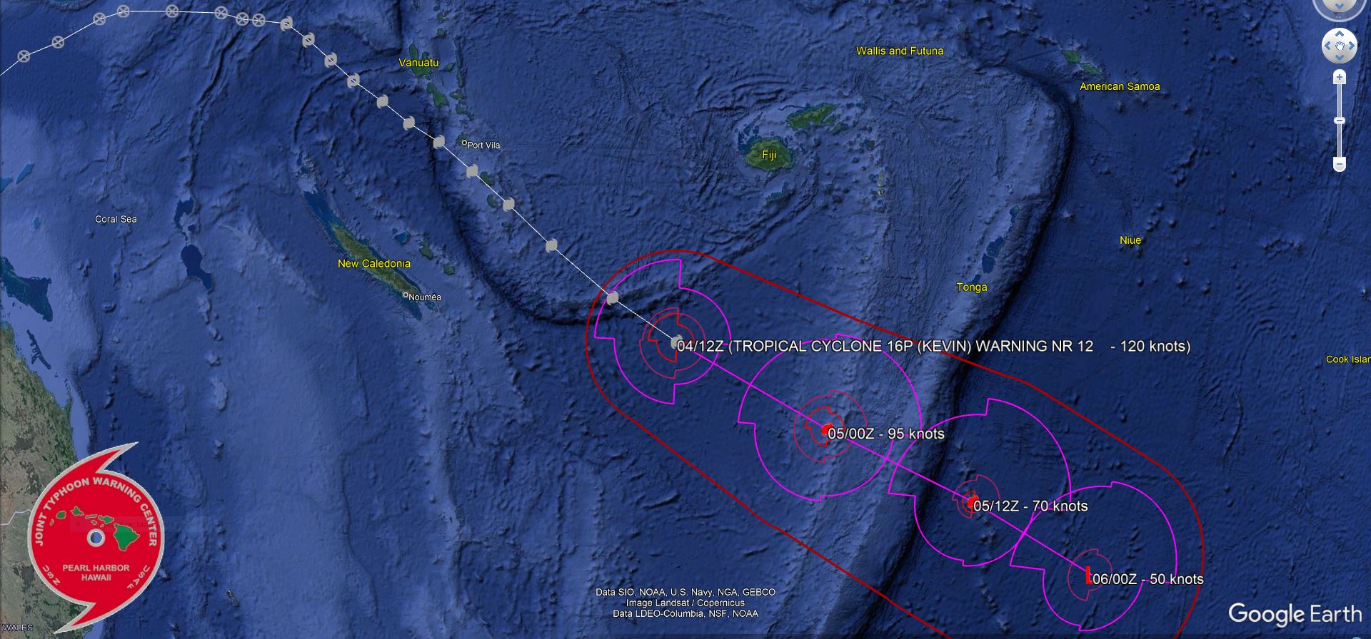 FORECAST REASONING.  SIGNIFICANT FORECAST CHANGES: THERE ARE NO SIGNIFICANT CHANGES TO THE FORECAST FROM THE PREVIOUS WARNING.  FORECAST DISCUSSION: TC KEVIN CONTINUES ITS SOUTHEASTWARD TRACK AS IT HUGS THE OUTER PERIPHERY OF STR TO THE EAST-NORTHEAST. BY TAU 12, TC KEVIN WILL CONTINUE TO ENTER A MORE HOSTILE ENVIRONMENT CHARACTERIZED BY STRONGER VWS AND WILL DECREASE IN INTENSITY TO 95 KNOTS AS A RESULT. BY TAU 24, TC KEVIN WILL CONTINUE ITS SUBTROPICAL TRANSITION AND WILL START TO FEEL THE EFFECTS OF DRY AIR ENTRAINMENT FROM THE NORTHWEST BEING WRAPPED INTO THE CENTER. BY TAU 36, THE SYSTEM WILL BECOME FULLY SUBTROPICAL.