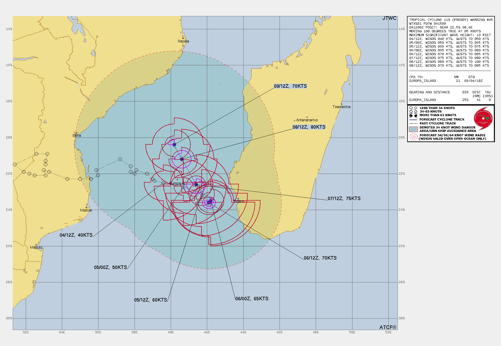 SIGNIFICANT FORECAST CHANGES: THIS INITIAL PROGNOSTIC REASONING MESSAGE ESTABLISHES THE FORECAST PHILOSOPHY.   FORECAST DISCUSSION: TC FREDDY HAS REGENERATED OVER THE SOUTHERN MOZAMBIQU  CHANNEL AFTER SPENDING THE PAST COUPLE OF DAYS STRUGGLING BETWEEN THE NEAR EQUATORIAL RIDGE TO THE NORTH-NORTHEAST AND THE SUBTROPICAL RIDGE TO THE SOUTH-SOUTHEAST. AFTER SPENDING SEVERAL HOURS IN A QUASI-STATIONARY POSTURE, TC FREDDY IS EXPECTED TO BE STEERED BY THE NER TO THE NORTH- NORTHEAST AND HEAD EAST-SOUTHEASTWARD THROUGH TAU 36. AS THIS OCCURS, TC 11S WILL GRADUALLY INCREASE IN INTENSITY TO 65 KTS. AFTERWARDS, TC FREDDY WILL MAKE A DRAMATIC TURN NORTHWESTWARD AS ANOTHER STR FROM THE SOUTHWEST BUILDS INTO THE AREA. WHILE HEADING NORTHWESTWARD, TC FREDDY WILL CONTINUE TO INCREASE IN INTENSITY TO 85 KNOTS BY TAU 96, THEN DROP TO 70 KNOTS BY TAU 120.