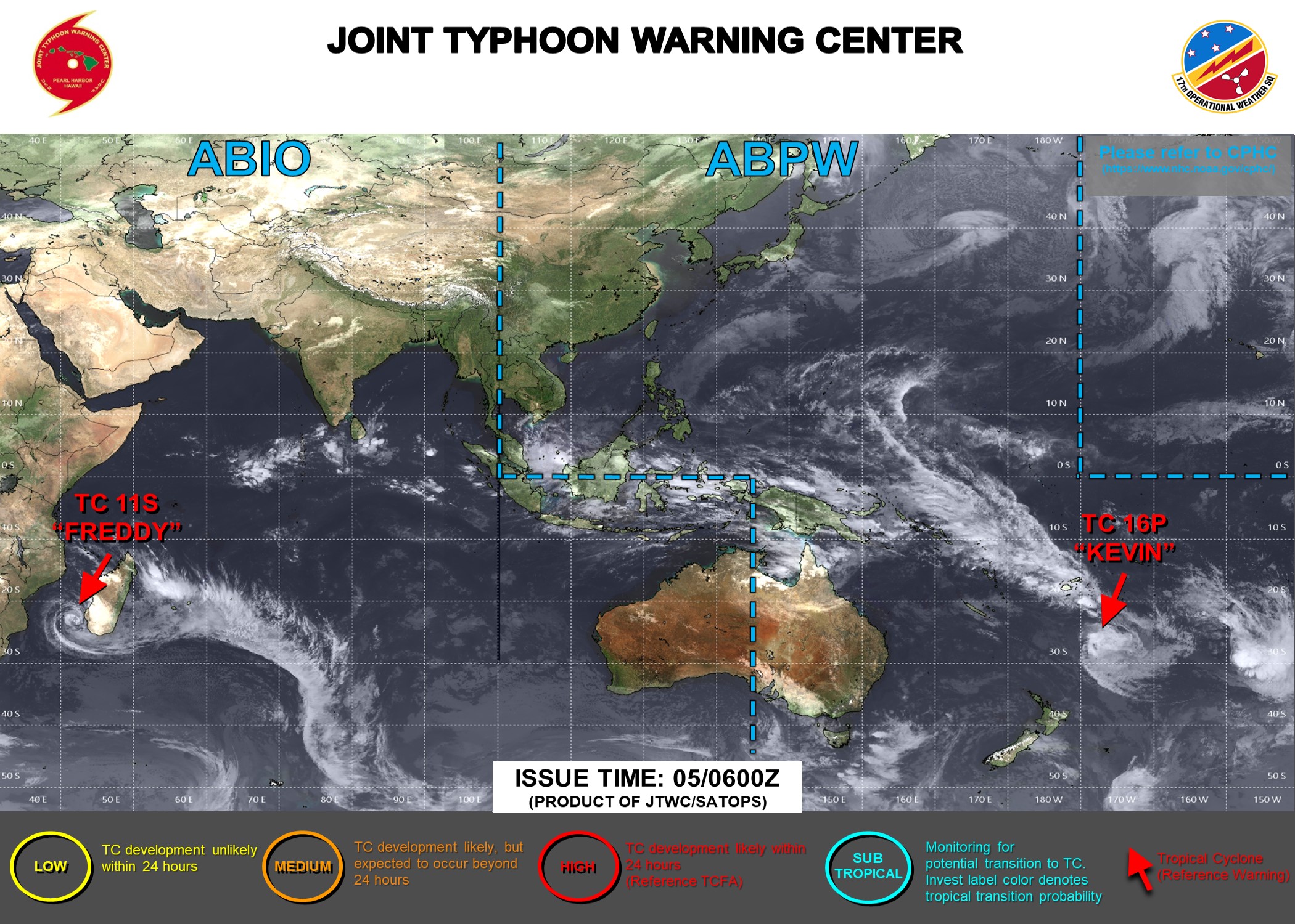 JTWC IS ISSUING 6HOURLY WARNINGS AND 3HOURLY SATELLITE BULLETINS ON TC 16P(KEVIN). 12HOURLY WARNINGS AND 3HOURLY SATELLITE BULLETINS ARE ISSUED ON TC 11S(FREDDY). 3HOURLY SATELLITE BULLETINS ARE ISSUED ON SUBTROPICAL STORM 15P(JUDY).