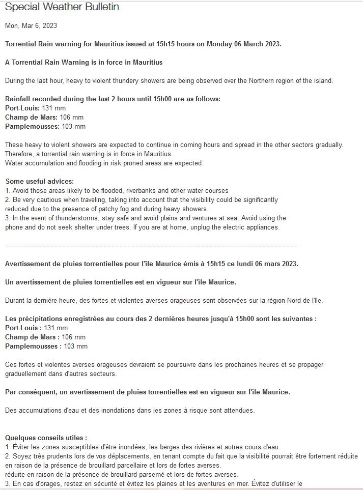 MAURICE: Avis de Pluies Torrentielles en début d'après midi, précipitations particulièrement intenses sur la région de Port Louis//0617h30