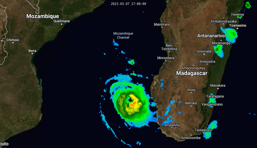 SATELLITE ANALYSIS, INITIAL POSITION AND INTENSITY DISCUSSION: OVER THE PAST 12 HOURS, THE CORE CONVECTIVE STRUCTURE OF TROPICAL CYCLONE (TC) 11S HAS FLUCTUATED RAPIDLY WITH A WELL-FORMED, SYMMETRIC EYE FORMING NEAR 071800Z BUT BECOMING MORE OBLONG AFTER 072100Z. SINCE 072350Z, THE EYE HAS FILLED AND THE CENTRAL DENSE OVERCAST FEATURE HAS BECOME MORE ASYMMETRIC AS INDICATED IN ANIMATED ENHANCED INFRARED (EIR) SATELLITE IMAGERY. A 080047Z SSMIS 91GHZ MICROWAVE IMAGE ALSO REVEALS ERODING CORE CONVECTION OVER THE WESTERN SEMICIRCLE WITH A PARTIALLY EXPOSED LOW-LEVEL CIRCULATION AND A RAGGED MICROWAVE EYE FEATURE. SURFACE OBSERVATIONS FROM EUROPA ISLAND, APPROXIMATELY 35NM WEST OF THE CURRENT POSITION, INDICATE SOUTHERLY WINDS AT 39 KNOTS WITH SLP NEAR 991.4MB. THE INITIAL POSITION IS PLACED WITH HIGH CONFIDENCE BASED ON EIR AND THE SSMIS IMAGE. THE INITIAL INTENSITY OF 100 KTS IS ASSESSED WITH MEDIUM CONFIDENCE BASED ON THE PGTW, KNES AND DEMS DVORAK ESTIMATES. INITIAL WIND RADII WERE ADJUSTED BASED ON A DETAILED ANALYSIS OF A 071543Z RCM SAR IMAGE, WHICH SHOWED MAXIMUM WINDS OF 95 KNOTS WITH RELATIVELY LOW INCIDENCE ANGLES NEAR 20 DEGREES.
