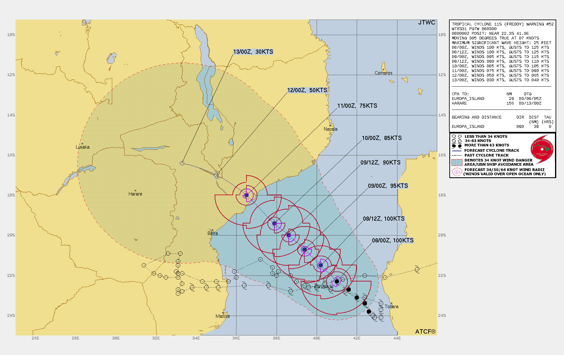 FORECAST REASONING.  SIGNIFICANT FORECAST CHANGES: THERE ARE NO SIGNIFICANT CHANGES TO THE FORECAST FROM THE PREVIOUS WARNING.  FORECAST DISCUSSION: TC 11S IS EXPECTED TO TRACK NORTHWESTWARD ALONG THE NORTHEASTERN PERIPHERY OF THE STR THROUGH TAU 72. THE SYSTEM WILL MAKE LANDFALL OVER MOZAMBIQUE NEAR TAU 72 AND IS THEN FORECAST TO SLOW AND TURN WEST-NORTHWESTWARD WITH POSSIBLE QUASI-STATIONARY MOTION DUE TO COMPETING STEERING INFLUENCES. TC 11S IS FORECAST TO GRADUALLY WEAKEN THROUGH THE FORECAST PERIOD AS SST VALUES COOL SLIGHTLY. ADDITIONALLY, POLEWARD OUTFLOW SHOULD WEAKEN GRADUALLY AS THE SYSTEM TRACKS EQUATORWARD AWAY FROM THE SUBTROPICAL WESTERLIES WITH WEAK DIVERGENCE ALOFT ANTICIPATED AS THE SYSTEM APPROACHES THE COAST OF MOZAMBIQUE.