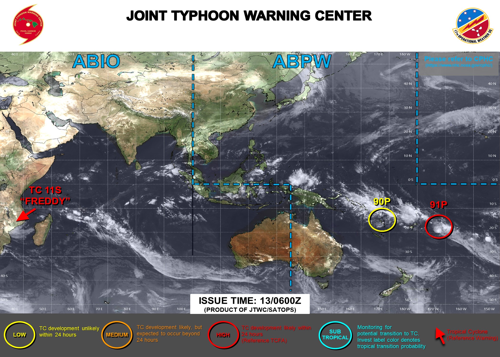 JTWC IS ISSUING 3HOURLY SATELLITE BULLETINS ON INVEST 91P, INVEST 99P AND ON THE OVER-LAND REMNANTS OF TC 11S(FREDDY).