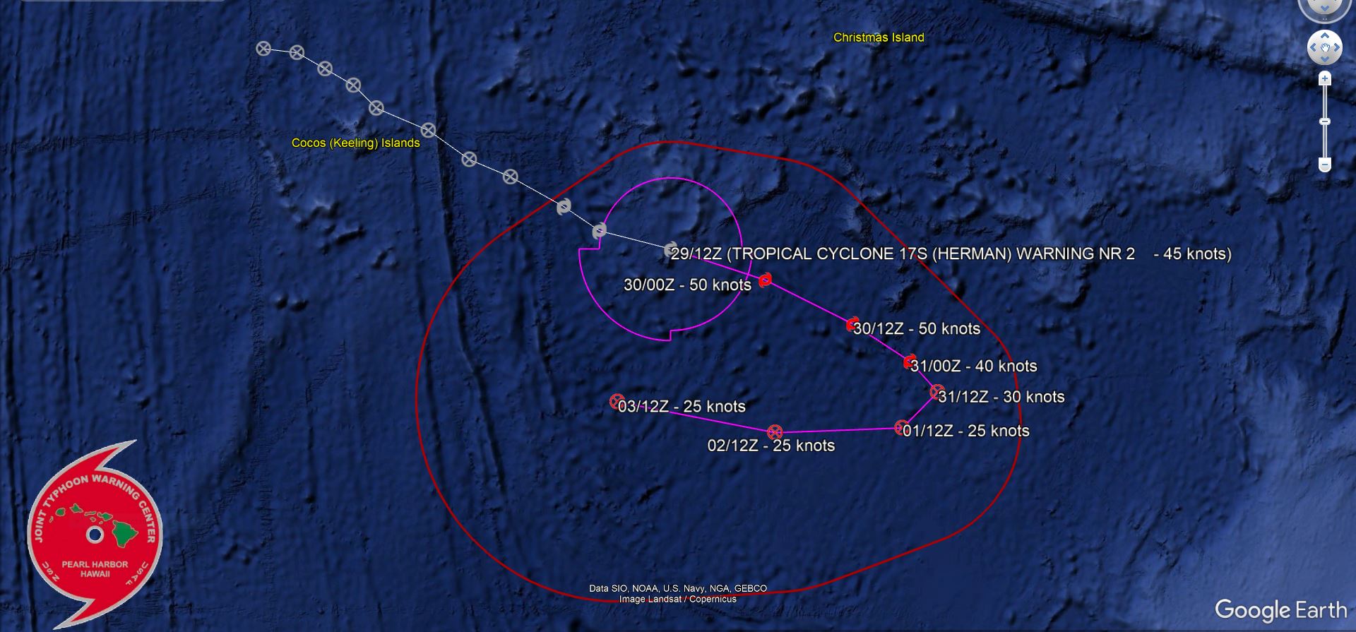 REMARKS: 291500Z POSITION NEAR 14.1S 102.6E. 29MAR23. TROPICAL CYCLONE 17S (HERMAN), LOCATED APPROXIMATELY 841 NM NORTHWEST OF LEARMONTH, AUSTRALIA, HAS TRACKED EAST- SOUTHEASTWARD AT 12 KNOTS OVER THE PAST SIX HOURS. MAXIMUM SIGNIFICANT WAVE HEIGHT AT 291200Z IS 19 FEET.