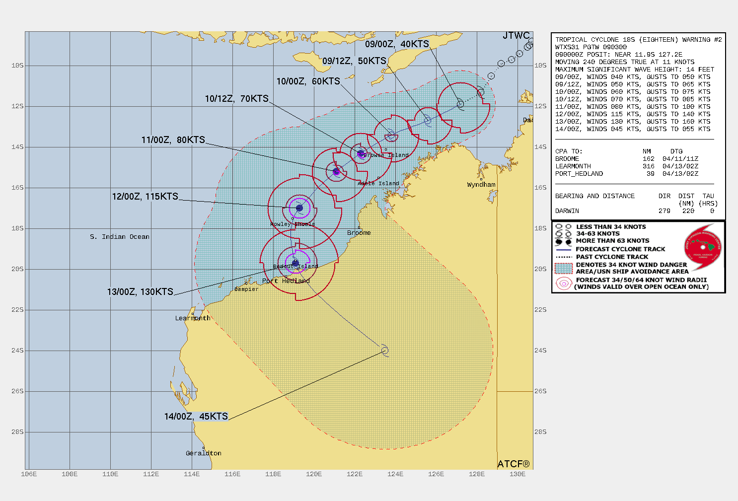 FORECAST REASONING.  SIGNIFICANT FORECAST CHANGES: THERE ARE NO SIGNIFICANT CHANGES TO THE FORECAST FROM THE PREVIOUS WARNING.  FORECAST DISCUSSION: TC 18S WILL CONTINUE TO TRACK SOUTHWESTWARD UNDER THE STEERING STR TOWARD THE SOUTH INDIAN OCEAN. AFTER TAU 72, A TRANSITORY SHORTWAVE TROUGH APPROACHING FROM THE SOUTHWEST WILL ERODE THE STR AND ALLOW THE CYCLONE TO RECURVE SOUTHEASTWARD, MAKE LANDFALL JUST EAST OF PORT HEADLAND SHORTLY AFTER TAU 96, AND TRACK INLAND OVER WESTERN AUSTRALIA. THE FAVORABLE ENVIRONMENT WILL INITIALLY PROMOTE GRADUAL INTENSIFICATION TO 80KTS BY TAU 48. AFTERWARD, LOW VWS AND VERY WARM SST IN THE INDIAN OCEAN WILL FUEL A RAPID INTENSIFICATION (RI) TO A PEAK OF 130KTS BY TAU 96, RIGHT BEFORE LANDFALL. AFTER LANDFALL, INTERACTION WITH THE TERRAIN WILL REDUCE THE INTENSITY TO 45KTS BY TAU 120 AS IT STARTS DISSIPATING OVER LAND. FORECAST REASONING.  SIGNIFICANT FORECAST CHANGES: THERE ARE NO SIGNIFICANT CHANGES TO THE FORECAST FROM THE PREVIOUS WARNING.  FORECAST DISCUSSION: TC 18S WILL CONTINUE TO TRACK SOUTHWESTWARD UNDER THE STEERING STR TOWARD THE SOUTH INDIAN OCEAN. AFTER TAU 72, A TRANSITORY SHORTWAVE TROUGH APPROACHING FROM THE SOUTHWEST WILL ERODE THE STR AND ALLOW THE CYCLONE TO RECURVE SOUTHEASTWARD, MAKE LANDFALL JUST EAST OF PORT HEADLAND SHORTLY AFTER TAU 96, AND TRACK INLAND OVER WESTERN AUSTRALIA. THE FAVORABLE ENVIRONMENT WILL INITIALLY PROMOTE GRADUAL INTENSIFICATION TO 80KTS BY TAU 48. AFTERWARD, LOW VWS AND VERY WARM SST IN THE INDIAN OCEAN WILL FUEL A RAPID INTENSIFICATION (RI) TO A PEAK OF 130KTS BY TAU 96, RIGHT BEFORE LANDFALL. AFTER LANDFALL, INTERACTION WITH THE TERRAIN WILL REDUCE THE INTENSITY TO 45KTS BY TAU 120 AS IT STARTS DISSIPATING OVER LAND.