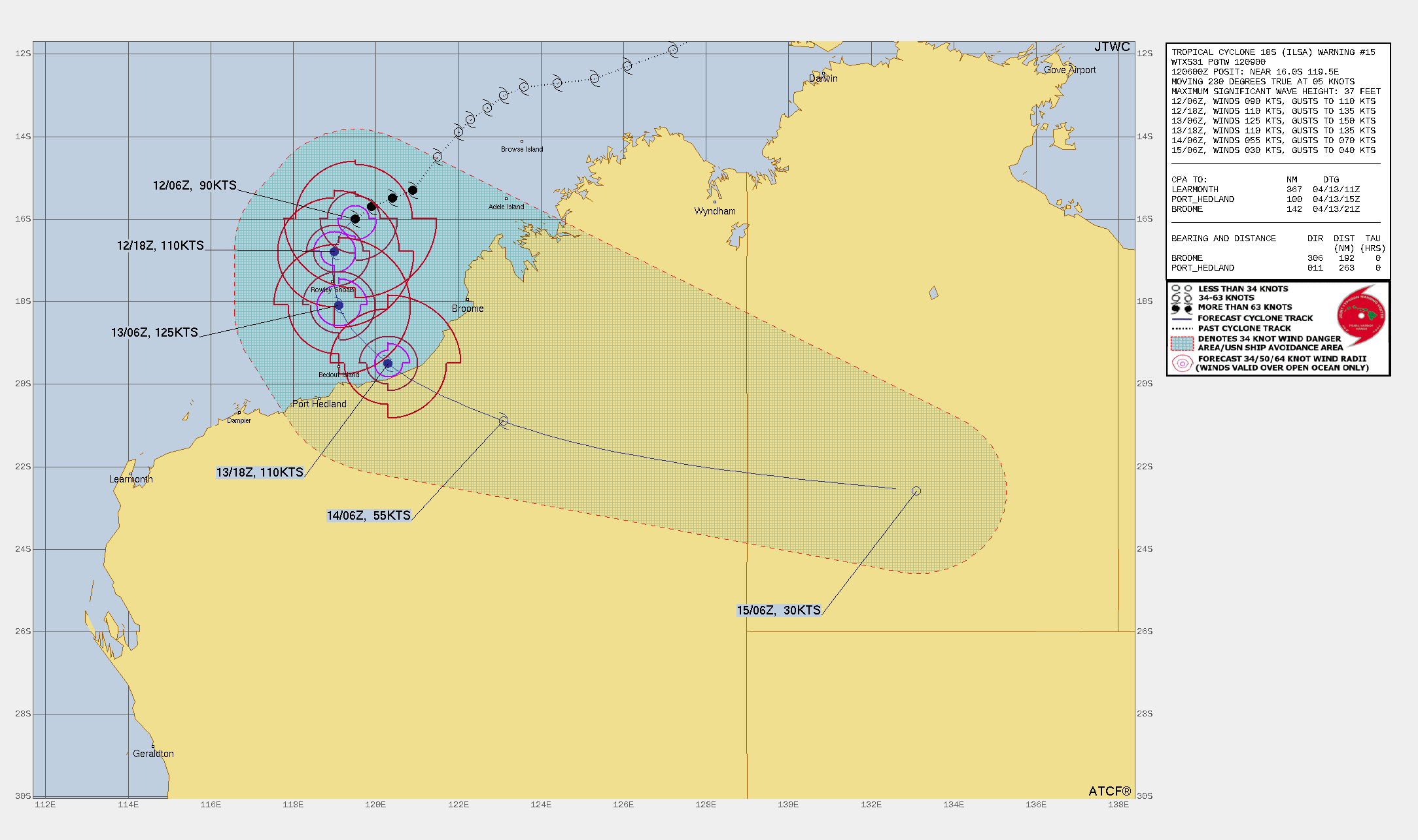 FORECAST REASONING.  SIGNIFICANT FORECAST CHANGES: THERE ARE NO SIGNIFICANT CHANGES TO THE FORECAST FROM THE PREVIOUS WARNING.  FORECAST DISCUSSION: TC 18S (ILSA) IS FORECAST TO BEGIN ROUNDING THE STR AXIS OVER THE NEXT 24 HOURS. DURING THAT TIME THE SYSTEM WILL BEGIN TO TRACK SOUTH-SOUTHWESTWARD AND EVENTUALLY SOUTHWARD ALL THE WHILE CONTINUING TO INTENSIFY. BY TAU 24, WARM SSTS (30-31C), HIGH OHC VALUES, LOW VERTICAL WIND SHEAR AND STRONG OUTFLOW ALOFT WILL MORE THAN COMPENSATE FOR THE DRY AIR FIGHTING TO ENTRAIN THE SYSTEM. AFTER TAU 24, TC ILSA WILL BE TRACKING GENERALLY SOUTHEASTWARD AND IS FORECAST TO REACH ITS PEAK INTENSITY NEAR 130KTS. BY TAU 36, AS THE SYSTEM APPROACHES THE COAST OF AUSTRALIA INTENSITIES WILL BEGIN TO FALL. AFTER TAU 36, 18S WILL PUSH INLAND AND QUICKLY WEAKEN, EVENTUALLY DISSIPATING NEAR TAU 72.