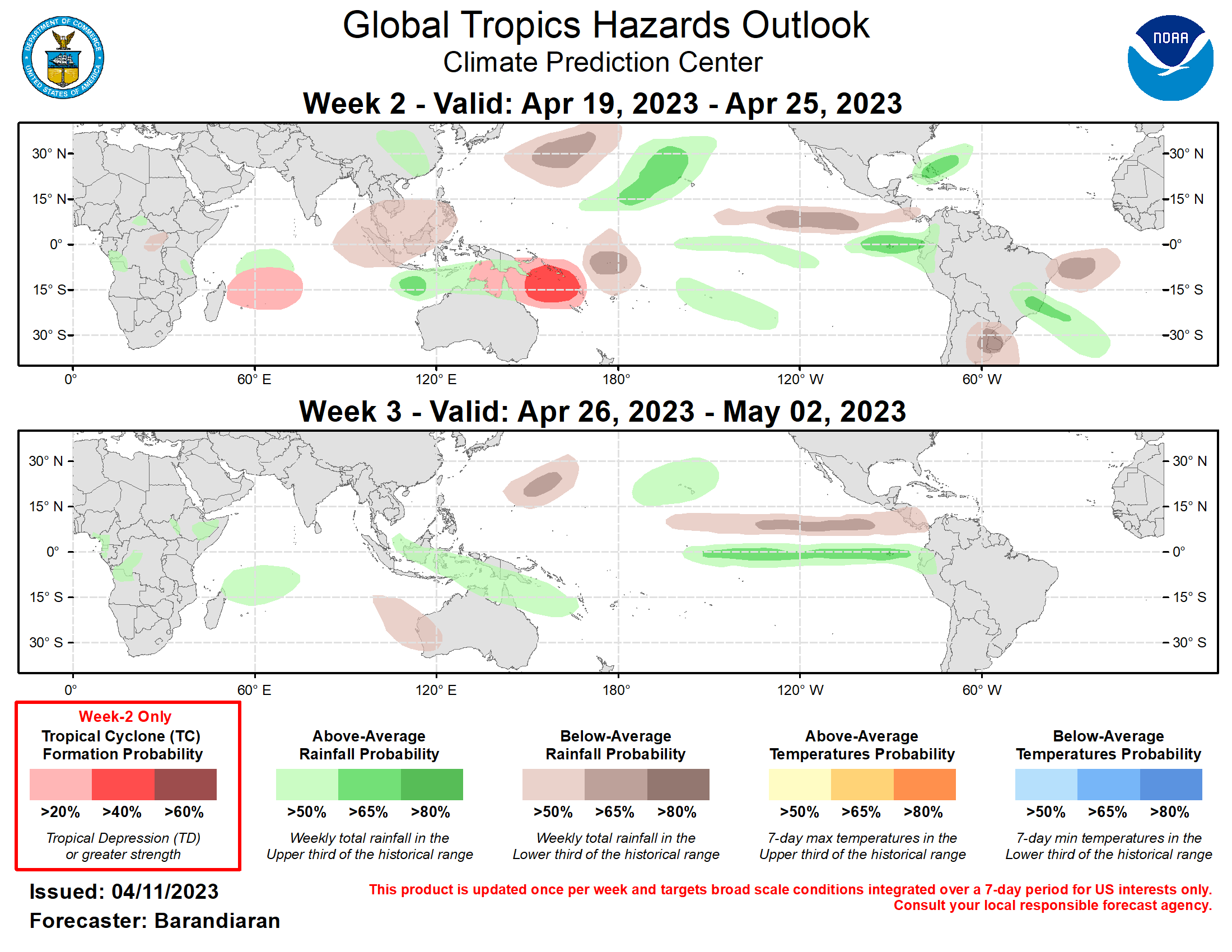 Last Updated - 04/11/23 Valid - 04/19/23 - 05/02/23 The Madden-Julian Oscillation (MJO) has been very active since early March and is now the dominant driver of variability in the tropics as any residual influence from the long-lived La Nina base state fades. The RMM index is currently near the phase 6-7 boundary (Western Pacific), and model guidance generally favors a continued eastward propagation of the MJO signal through the week-3 period, although there is considerable disagreement as to the strength of the convective envelope and the speed at which it propagates. Warming of sea surface temperatures in the Tropical Pacific continues with all Nino regions above average, especially Nino 1+2, which is 2.7 C above average.  There has been a slight uptick in tropical cyclone (TC) activity in the last week, with TC Ilsa that formed off the northwest coast of Australia, and an area east of the Philippines currently being monitored by the Joint Typhoon Warning Center, which is favored to spawn another TC in the near future. TC Ilsa is forecast to track southwestward into the northeast Australian coast, increasing in intensity as it does so. For more details on TC Ilsa, please consult your local meteorological agency.  Despite model solutions depicting MJO propagation into the Western Hemisphere during week-2 which would generally be unfavorable to TC formation for the Australia region, guidance from the GEFS and ECMWF favor a continued enhanced chance for TC formation for this region, particularly over the Coral Sea. Ensemble solutions also favor enhanced chances for TC genesis for the southwestern Indian Ocean as the suppressed phase of the MJO moves out of the region.  The precipitation outlook for the next two weeks is based on anticipated TC tracks, the anticipated state of the MJO, and consensus of GEFS, CFS, and ECMWF ensemble mean solutions. Below-normal precipitation is indicated for portions of Southeast Asia and the western Maritime Continent during week-2, while above-normal precipitation is favored for the eastern Maritime Continent for both weeks. Enhanced precipitation continues for both weeks for the Hawaii region, particularly for week-2. Above-normal precipitation is also likely for the Equatorial Eastern Pacific and the coasts of Ecuador and Peru for both weeks, which will likely exacerbate flooding and landslides already affecting the region.
