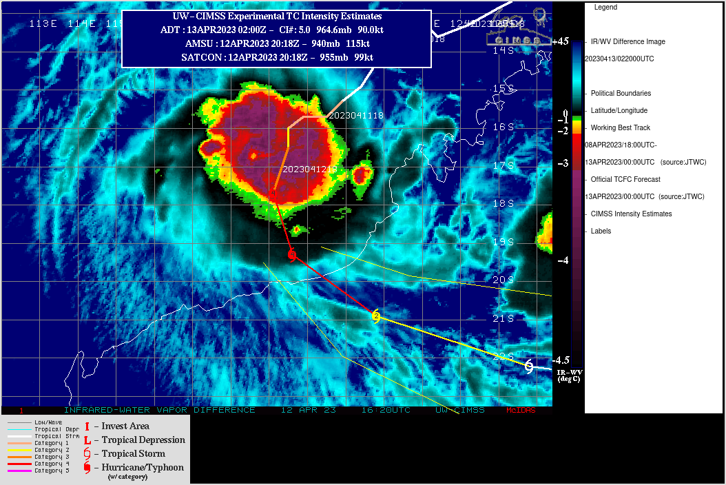 SATELLITE ANALYSIS, INITIAL POSITION AND INTENSITY DISCUSSION: ANIMATED MULTISPECTRAL SATELLITE IMAGERY (MSI) SHOWS A LARGE, HIGHLY SYMMETRICAL SYSTEM WITH A DIMPLED EYE. CENTRAL CONVECTION RAPIDLY DEEPENED AND RAIN BANDS WRAPPED TIGHTER INTO THE CENTER OVER THE LAST SIX HOURS. THE INITIAL POSITION IS PLACED WITH HIGH CONFIDENCE BASED ON THE DIMPLED EYE, ADJUSTED FOR A SLIGHT WESTWARD TILT. THE INITIAL INTENSITY OF 115KTS IS ASSESSED WITH MEDIUM CONFIDENCE BASED ON THE HIGH END OF AUTOMATED INTENSITY ESTIMATES OPEN-AIIR AND DMN THAT ARE MORE IN LINE WITH THE IMPROVED 6-HR CONVECTIVE SIGNATURE. THE ENVIRONMENT REMAINS HIGHLY FAVORABLE WITH STRONG RADIAL OUTFLOW AND VERY WARM SST OFFSETTING THE MEDIUM VWS.