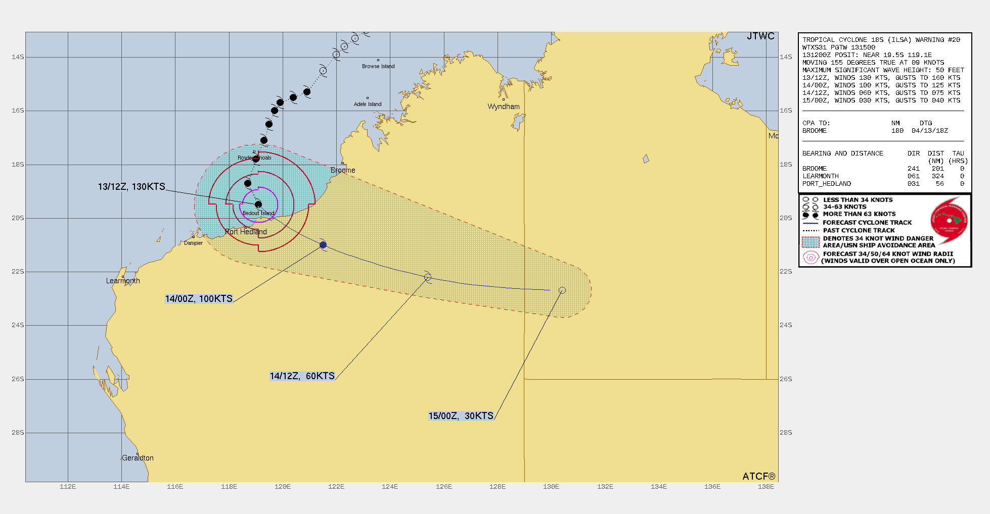 FORECAST REASONING.  SIGNIFICANT FORECAST CHANGES: THERE ARE NO SIGNIFICANT CHANGES TO THE FORECAST FROM THE PREVIOUS WARNING.  FORECAST DISCUSSION: AFTER PASSING JUST EAST OF BEDOUT ISLAND, TC 18S IS EXPECTED TO MAKE LANDFALL NEAR TAU 03 (131500Z). ENVIRONMENTAL CONDITIONS WILL CONTINUE TO DEGRADE AS THE SYSTEM APPROACHES THE COAST AND TRACKS INLAND WITH STEADY WEAKENING EXPECTED. AFTER TAU 06, TC 18S WILL RECURVE SHARPLY SOUTHEASTWARD TO EAST-SOUTHEASTWARD AS IT INTERACTS WITH THE MAJOR SHORTWAVE TROUGH  AND EVENTUALLY ACCELERATES WITHIN THE MIDLATITUDE WESTERLIES. RAPID  WEAKENING IS EXPECTED WITH DISSIPATION BY TAU 36 OVER CENTRAL  AUSTRALIA.