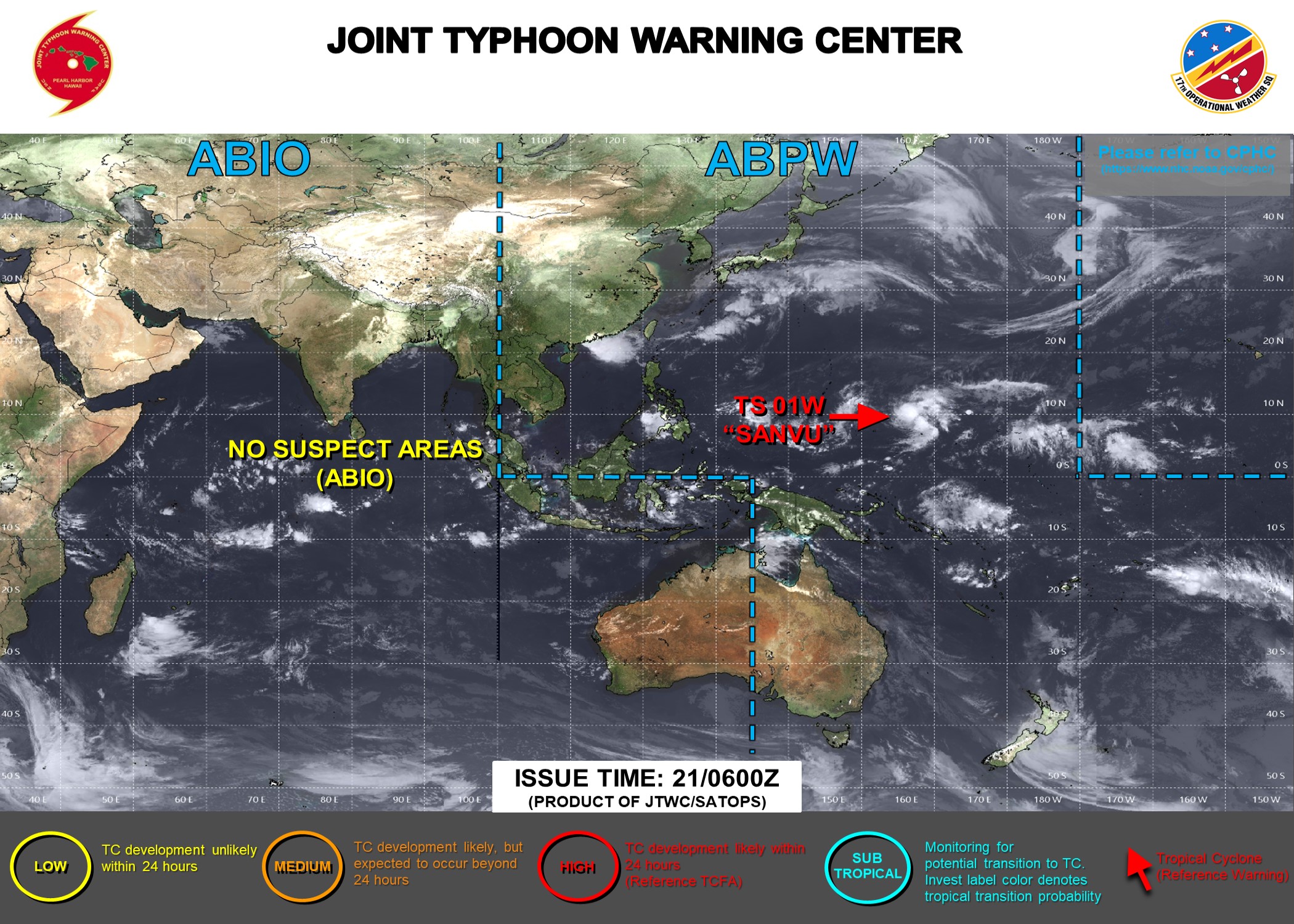 JTWC IS ISSUING 6HOURLY WARNINGS AND 3HOURLY SATELLITE BULLETINS ON TS 01W(SANVU).