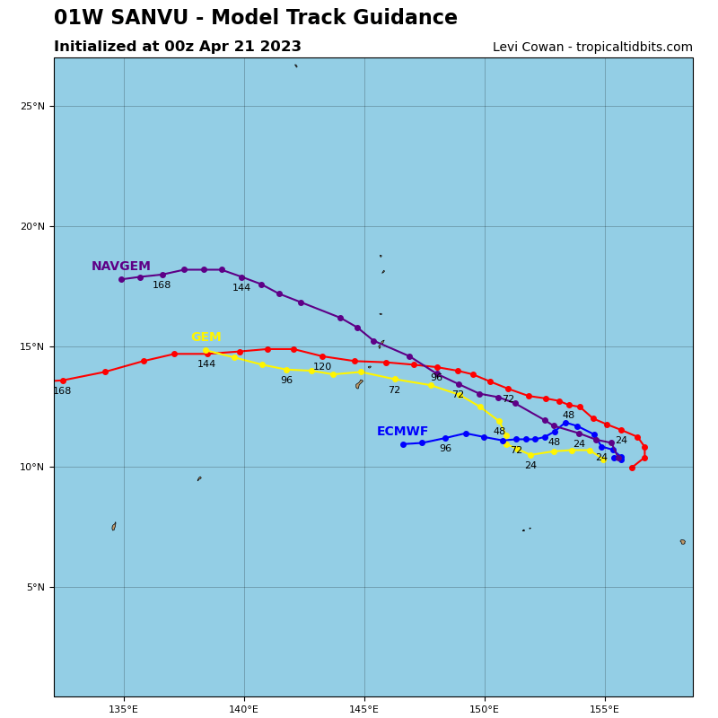 TS 01W(SANVU) currently peaking is forecast to be torn apart by 96h due to high vertical wind shear//Invest 93W//2109utc