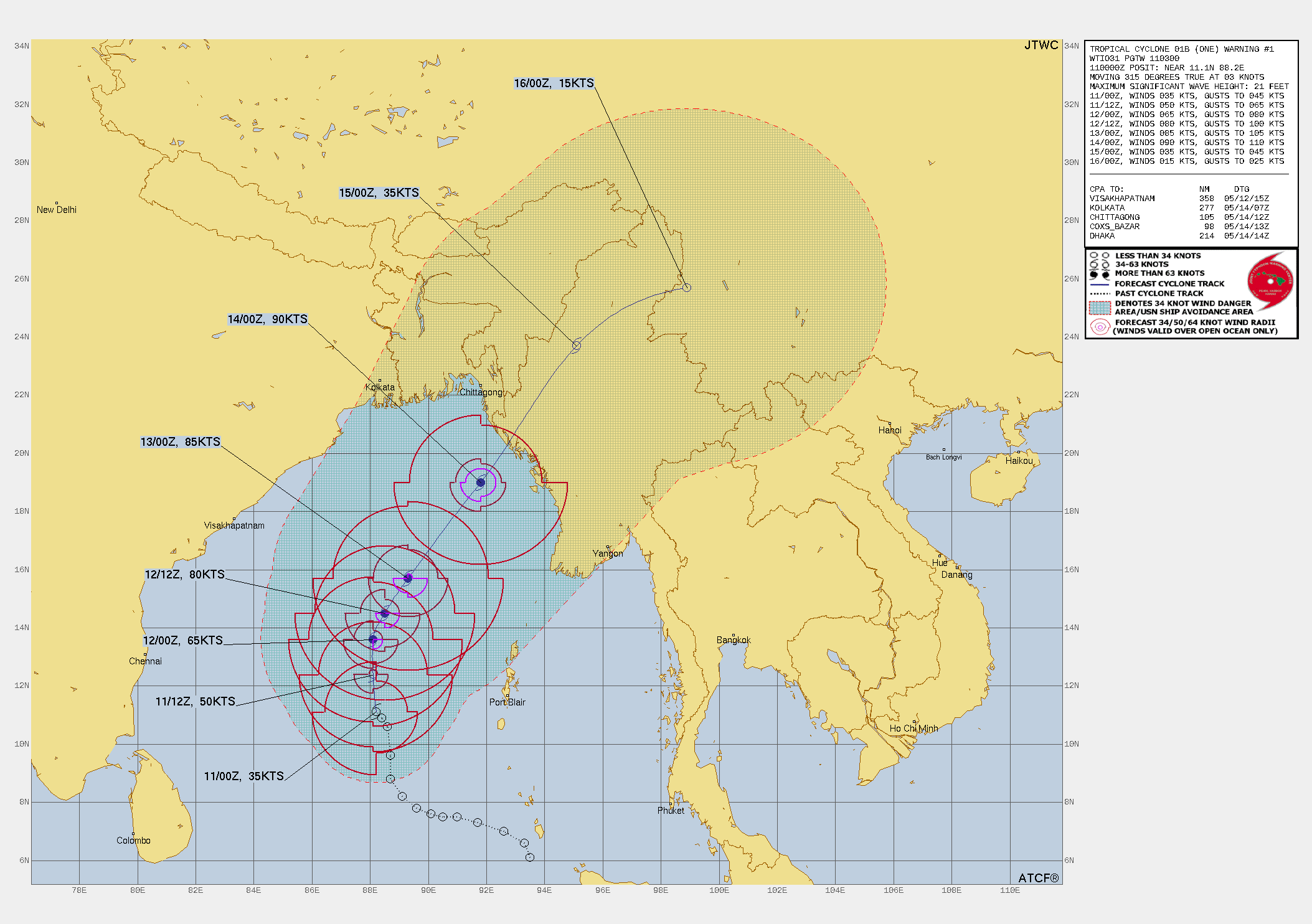 FORECAST REASONING.  SIGNIFICANT FORECAST CHANGES: THIS INITIAL PROGNOSTIC REASONING MESSAGE ESTABLISHES THE FORECAST PHILOSOPHY.  FORECAST DISCUSSION: TC 01B HAS BEEN STRUGGLING WITH MID LEVEL DRY AIR ENTRAINMENT OVER THE PAST 36-48 HOURS, HOWEVER, IT APPEARS THE MID LEVELS HAVE OBTAINED ENOUGH MOISTURE TO FEED FURTHER TROPICAL DEVELOPMENT AT THIS TIME. AFTER SPENDING THE PAST SEVERAL HOURS CONSOLIDATING INTO A MORE DEFINED SYSTEM, TC 01B HAS SPENT THE PAST 6 HOURS IN A SOMEWHAT QUASI-STATIONARY POSTURE. BETWEEN TAUS 12 AND 24, TC 01B WILL TRACK NORTHWARD AS IT IS WEDGED BETWEEN TWO SUBTROPICAL RIDGES, ONE TO THE WEST AND ONE TO THE EAST. DURING THIS TIME, THE INTENSITY WILL STEADILY INCREASE TO 65 KNOTS BY TAU 24. BY TAU 36, THE STR TO THE EAST WILL BUILD INTO THE AREA SOUTHEAST OF THE SYSTEM, STEERING TC 01B IN A NORTHEASTWARD DIRECTION AS IT WILL CONTINUE TO INCREASE IN INTENSITY TO 80 KNOTS. BY TAUS 48 AND 72, TC 01B WILL PICK UP IN TRACK SPEED AND INTENSIFY TO 85 KNOTS AND 90 KNOTS RESPECTIVELY. LANDFALL WILL OCCUR ON OR ABOUT TAU 78 NEAR SITTWE, MYANMAR. AFTERWARDS, TC 01B WILL STEADILY DECREASE IN INTENSITY AND DISSIPATE DUE TO LAND INTERACTION THROUGH TAUS 96 AND 120.
