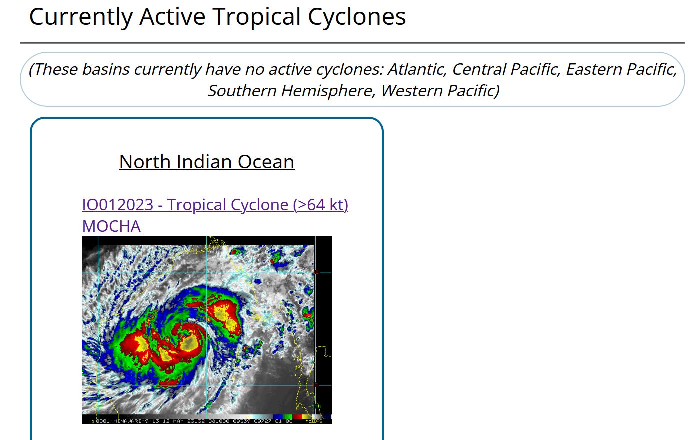 TC 01B(MOCHA) rapidly intensifying to CAT 3 US within 24h forecast landfall near Sittwe shortly after 48h// 1209utc 