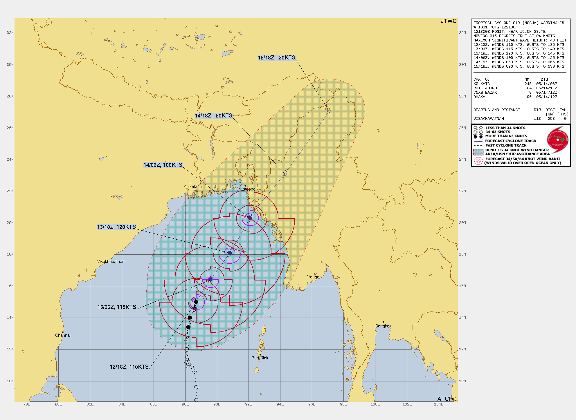 FORECAST REASONING.  SIGNIFICANT FORECAST CHANGES: INCREASE OF INITIAL INTENSITY DUE TO RI.  FORECAST DISCUSSION: TC 01B (MOCHA) IS RIDING THE WESTERN PERIPHERY OF THE STR TO THE EAST. AS PREVIOUSLY MENTIONED, TC MOCHA HAS RAPIDLY INTENSIFIED OVER THE PAST 6 HOURS. BETWEEN TAUS 12 AND 24, TC 01B WILL TRACK NORTHEASTWARD AND CONTINUE TO INTENSIFY TO 115 KTS AND 120 KTS RESPECTIVELY AS THE SYSTEM WILL CONTINUE TO STRENGTHEN. BY TAU 36, PRIOR TO LANDFALL JUST SOUTH OF THE BANGLADESH AND MYANMAR BORDER, TC MOCHA WILL DECREASE IN INTENSITY TO 100 KNOTS AS THE ENVIRONMENT WILL BECOME LESS FAVORABLE. THESE LESS FAVORABLE CONDITIONS ARE DEFINED BY AN INCREASE IN VWS, DRY AIR ENTRAINMENT WRAPPING INTO THE LLCC FROM THE SOUTHERN PERIPHERY, THE ONSET OF LAND INTERACTION, AND COOLER (28-29 C) SST. BY TAU 42, TC 01B WILL MAKE LANDFALL AND BEGIN ITS DISSIPATION PHASE. BETWEEN TAUS 48 AND 72, TC MOCHA WILL DISSIPATE DUE TO LAND INTERACTION OVER NORTHWEST MYANMAR.