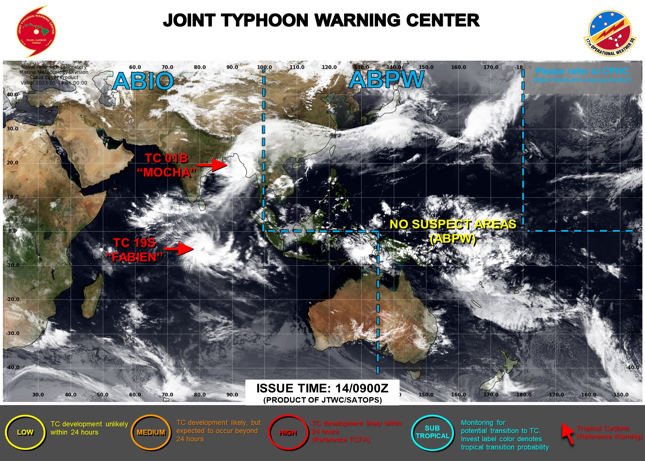JTWC IS ISSUING 6HOURLY WARNINGS ON TC 01B(MOCHA) AND TC 19S(FABIEN). 3HOURLY SATELLITE BULLETINS ARE ISSUED ON BOTH CYCLONES.