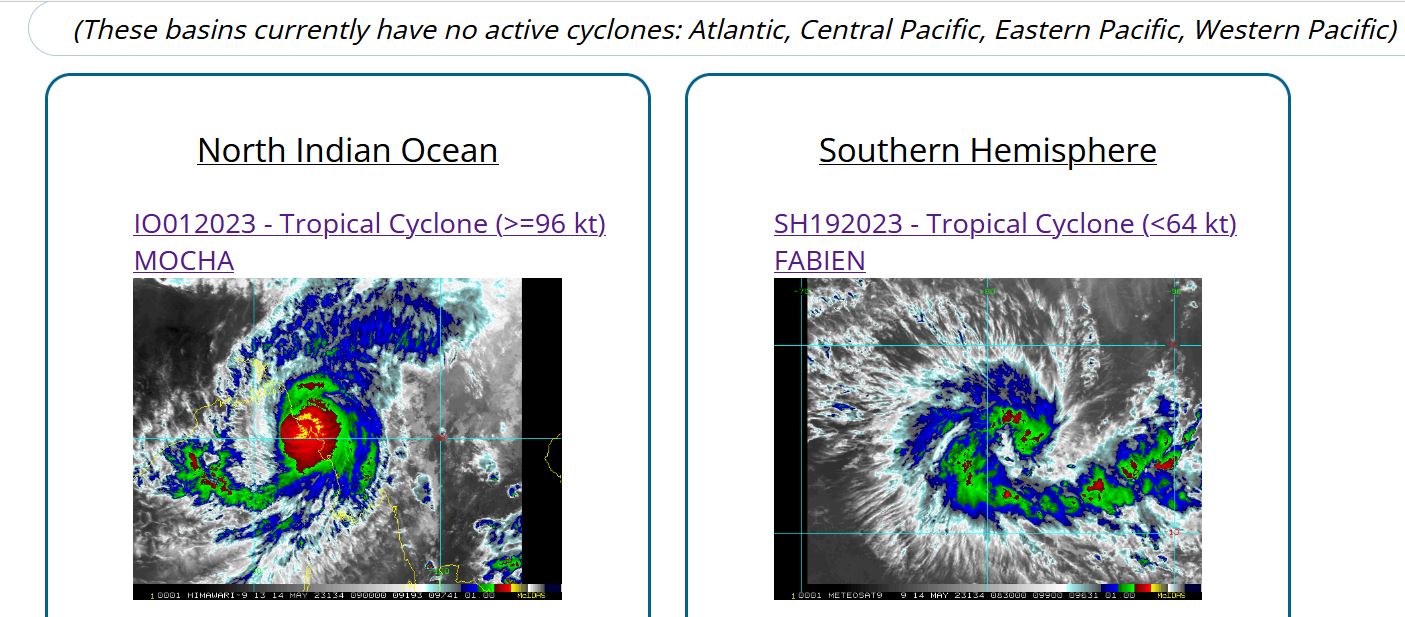 Super Cyclone 01B(MOCHA) peaked at 150kt/CAT 5 US landfall close to SITTWE//TC 19S(FABIEN) rapid intensification next 48h likely//1409utc