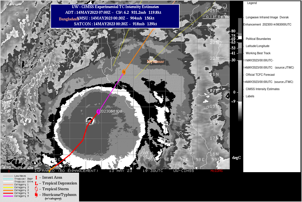 SATELLITE ANALYSIS, INITIAL POSITION AND INTENSITY DISCUSSION: HAVING CONTINUED TO RAPIDLY INTENSIFY THROUGH THE MORNING HOURS, TC 01B (MOCHA) LIKELY REACHED PEAK INTENSITY AT OR NEAR 140000Z, AND HAS SUBSEQUENTLY WEAKENED AS IT APPROACHES LANDFALL. ANALYSIS OF A 132346Z SMAP PASS SHOWED A MAXIMUM 10-MIN WIND OF 152 KNOTS, OR 163 KNOTS 1-MIN AND A NEAR-COINCIDENT RCM-2 SAR PASS AT 132355Z SHOWED A LARGE AREA OF WINDS BETWEEN 145-152 KNOTS IN THE EYEWALL. FINALLY, OPEN-AIIR AND DEEP MICRONET ESTIMATES AT 140000Z WERE IN THE 145-148 KNOT RANGE. TAKING THESE ESTIMATES INTO ACCOUNT, THE 140000Z INTENSITY HAS BEEN REVISED TO 150 KNOTS AND MARKS THE PEAK INTENSITY OF TC 01B. ANIMATED MULTISPECTRAL SATELLITE IMAGERY (MSI) AND ENHANCED INFRARED (EIR) IMAGERY CURRENTLY DEPICT AN ERODING EYE FEATURE WHICH HAS RAPIDLY  FILLED IN, AS WELL AS SIGNIFICANTLY WARMER CLOUD TOP TEMPERATURES,  INDICATIVE OF A RAPID WEAKENING TREND. THE INITIAL POSITION IS  ASSESSED WITH MEDIUM CONFIDENCE BASED PRIMARILY ON ANALYSIS OF MET-9,  HIM-9 AND GK2A EYE POSITIONS AND AGENCY FIX POSITIONS, AND  INTERMITTENT RADAR DATA FROM BANGLADESH. THE INITIAL INTENSITY IS  ASSESSED WITH MEDIUM CONFIDENCE BASED ON A BLEND OF AGENCY CURRENT  INTENSITY ESTIMATES OF T7.0 AND DATA-T NUMBERS AT T6.5 AND THE OPEN- AIIR ESTIMATE OF 137 KNOTS. THE ENVIRONMENT IS QUICKLY TRANSITIONING  TO UNFAVORABLE, MID-LEVEL SHEAR HAVING INCREASED SHARPLY, DRY AIR  BEGINNING TO BE ENTRAINED INTO THE NORTHWEST SIDE OF THE CORE, AND  DECREASING SSTS. SATELLITE ANALYSIS, INITIAL POSITION AND INTENSITY DISCUSSION: HAVING CONTINUED TO RAPIDLY INTENSIFY THROUGH THE MORNING HOURS, TC 01B (MOCHA) LIKELY REACHED PEAK INTENSITY AT OR NEAR 140000Z, AND HAS SUBSEQUENTLY WEAKENED AS IT APPROACHES LANDFALL. ANALYSIS OF A 132346Z SMAP PASS SHOWED A MAXIMUM 10-MIN WIND OF 152 KNOTS, OR 163 KNOTS 1-MIN AND A NEAR-COINCIDENT RCM-2 SAR PASS AT 132355Z SHOWED A LARGE AREA OF WINDS BETWEEN 145-152 KNOTS IN THE EYEWALL. FINALLY, OPEN-AIIR AND DEEP MICRONET ESTIMATES AT 140000Z WERE IN THE 145-148 KNOT RANGE. TAKING THESE ESTIMATES INTO ACCOUNT, THE 140000Z INTENSITY HAS BEEN REVISED TO 150 KNOTS AND MARKS THE PEAK INTENSITY OF TC 01B. ANIMATED MULTISPECTRAL SATELLITE IMAGERY (MSI) AND ENHANCED INFRARED (EIR) IMAGERY CURRENTLY DEPICT AN ERODING EYE FEATURE WHICH HAS RAPIDLY  FILLED IN, AS WELL AS SIGNIFICANTLY WARMER CLOUD TOP TEMPERATURES,  INDICATIVE OF A RAPID WEAKENING TREND. THE INITIAL POSITION IS  ASSESSED WITH MEDIUM CONFIDENCE BASED PRIMARILY ON ANALYSIS OF MET-9,  HIM-9 AND GK2A EYE POSITIONS AND AGENCY FIX POSITIONS, AND  INTERMITTENT RADAR DATA FROM BANGLADESH. THE INITIAL INTENSITY IS  ASSESSED WITH MEDIUM CONFIDENCE BASED ON A BLEND OF AGENCY CURRENT  INTENSITY ESTIMATES OF T7.0 AND DATA-T NUMBERS AT T6.5 AND THE OPEN- AIIR ESTIMATE OF 137 KNOTS. THE ENVIRONMENT IS QUICKLY TRANSITIONING  TO UNFAVORABLE, MID-LEVEL SHEAR HAVING INCREASED SHARPLY, DRY AIR  BEGINNING TO BE ENTRAINED INTO THE NORTHWEST SIDE OF THE CORE, AND  DECREASING SSTS.