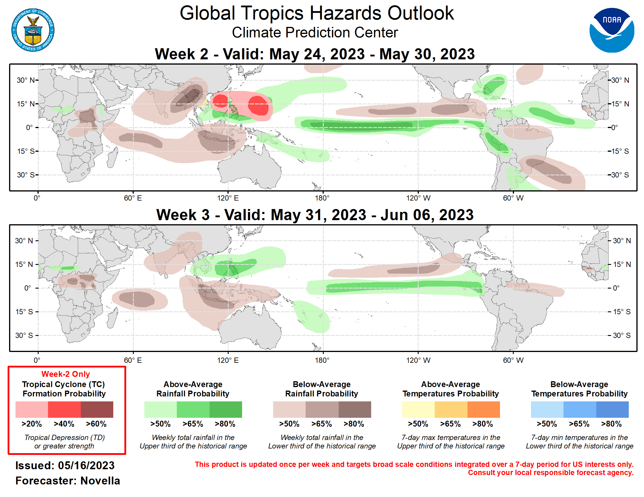 The Madden Julian Oscillation (MJO) remains active where the enhanced phase propagated eastward from the Maritime Continent into the western Pacific during the last week. Following a period of destructively interfering Kelvin and Rossby wave activity resulting in a weakened MJO signal, models favor the MJO to regain amplitude over the western Pacific during week-1. However, RMM forecasts begin to differ on the strength and evolution of the MJO thereafter. The GEFS favors a slower mean solution and struggles to propagate the MJO out of the western Pacific, whereas the CFS and ECMWF are more progressive, shifting the MJO into the Western Hemisphere during the outlook period, albeit at a lower amplitude. To reconcile these differences, the outlook relies more on the upper-level velocity potential forecasts which generally place the enhanced phase of the MJO over the Western Hemisphere towards the end of May, though there is less confidence in the forecast that the MJO will be as robust as it had been during its previous two cycles over this part of the tropics earlier this spring. Regardless of its eventual strength, the large-scale environment is expected to be favorable (unfavorable) for tropical cyclogenesis in the western Pacific (Indian Ocean) in the outlook.  Tied to the MJO, zonal wind observations centered on the equator showed a strong uptick in anomalous lower-level westerlies near 90E earlier in May. This resulted in a cyclonic environment supportive for the formation of tropical cyclones (TCs) Mocha (5/11) and Fabien (5/14) to the north and south of the equator in the Indian Ocean during the past week. Despite being a relatively short-lived system, TC Mocha rapidly strengthened to a category 5 strength over the Bay of Bengal. Mocha slightly weakened and made landfall over Myanmar this past weekend, bringing many adverse impacts to portions of Myanmar. As Mocha dissipated over high terrain, TC Fabien formed over the south-central Indian Ocean and has steadily gained intensity in the past few days. The Joint Typhoon Warning Center (JTWC) expects Fabien to peak at category 3 intensity, and then gradually weaken while tracking westward over open waters this week.  The anomalous low-level westerlies look to become firmly entrenched throughout the western Pacific, conducive for TC development in the basin. There is good agreement in the ensembles favoring an area of deepening low pressure over the Philippine Sea, with elevated chances in the probabilistic guidance near the Mariana Islands. Given the good support, high (60%) chances for TC development were considered, however there is some uncertainty in the timing of development, with some deterministic solutions signaling genesis here late in week-1. Therefore, 40% chances are posted near the Mariana Islands, as well as another 40% chance area posted for the South China Sea where there are indications in the ensembles depicting a secondary area of increased TC potential later in week-2.  In the western Hemisphere, extended range lower-level wind guidance remains fairly bullish on the persistence of enhanced easterlies and high wind shear to the south of Mexico unfavorable for TC development across the eastern Pacific. In the Atlantic, there is decent continuity in the deterministic solutions favoring an area of deepening low pressure off the coast of the southeastern U.S. that could acquire tropical characteristics during week-2. However, ensembles and probabilistic guidance from the GEFS and ECMWF are less supportive of formation, and no corresponding TC areas are issued.  The precipitation outlook for weeks 2 and 3 is based on a historical skill weighted blend of GEFS, CFS, ECMWF, and Canadian ensemble guidance, anticipated TC tracks and state of the MJO. Forecasts made over Africa are made in coordination with the International Desk at CPC. Below-normal precipitation is predominately favored throughout much of the Indian Ocean into early June associated with the suppressed phase of the MJO, where a reduction or delayed absence of monsoonal precipitation may lead to well above-normal temperatures over parts of India and southeastern Asia. Above-normal precipitation is expected to continue for the equatorial eastern Pacific and the coasts of Ecuador and Peru for both weeks, which is likely to worsen antec