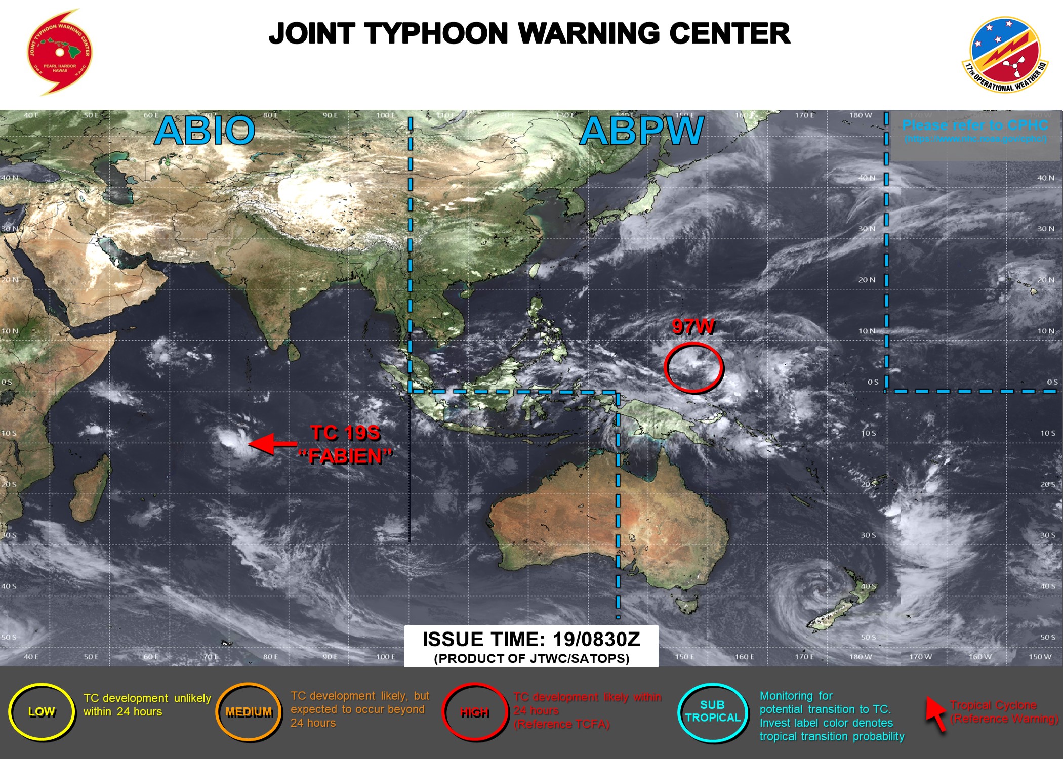 JTWC IS ISSUING 6HOURLY WARNINGS AND 3HOURLY SATELLITE BULLETINS ON TC 19S(FABIEN). 3HOURLY SATELLITE BULLETINS ARE ISSUED ON INVEST 97W.