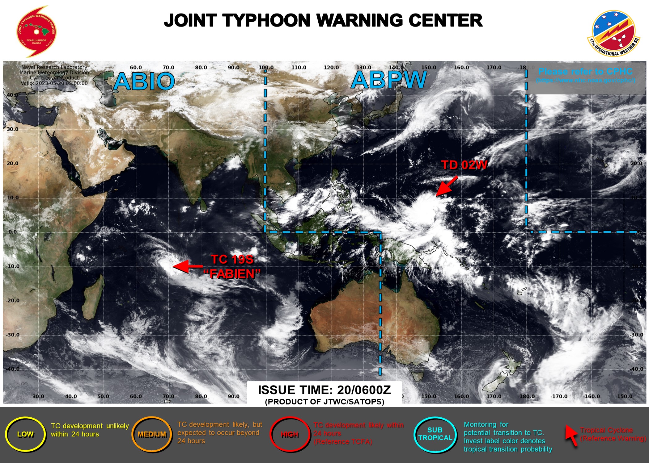 JTWC IS ISSUING 6HOURLY WARNINGS AND 3HOURLY SATELLITE BULLETINS ON TD 02W. 12HOURLY WARNINGS AND 3HOURLY SATELLITE BULLETINS ARE ISSUED ON TC 19S(FABIEN).