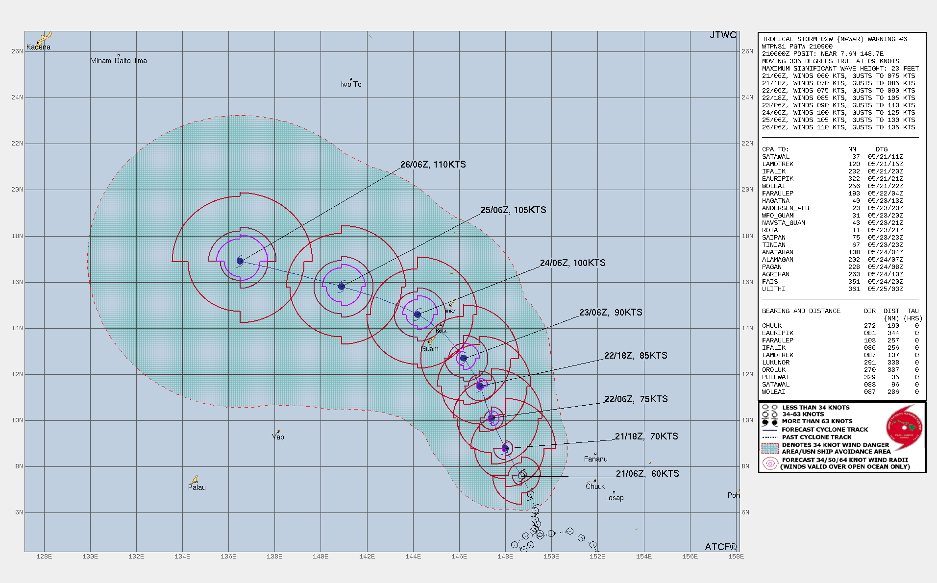 FORECAST REASONING.  SIGNIFICANT FORECAST CHANGES: THERE ARE NO SIGNIFICANT CHANGES TO THE FORECAST FROM THE PREVIOUS WARNING.  FORECAST DISCUSSION: TS 02W (MAWAR) HAS RAPIDLY INTENSIFIED OVER THE PAST SIX HOURS. AS THE SYSTEM CONTINUES TO PICK UP SPEED UNDER THE STEERING INFLUENCE OF THE NER TO THE EAST, 02W IS FORECAST TO MAINTAIN A GENERALLY NORTH-NORTHWESTWARD TRACK. THE ENVIRONMENT SURROUNDING 02W IS FORECAST TO REMAIN FAVORABLE, CHARACTERIZED BY WARM SSTS AND ROBUST OUTFLOW ALOFT BOTH POLEWARD AND WESTWARD OVERWHELMING THE NEGATIVE AFFECTS OF LIMITED DRY AIR ENTRAINMENT AND MODERATE MID-UPPER LEVEL VERTICAL WIND SHEAR (VWS). AFTER REACHING TYPHOON STRENGTH BY TAU 12, THE SYSTEM WILL CONTINUE TO DEVELOP, FUELED BY THE AFOREMENTIONED ROBUST OUTFLOW ALOFT AND WARM SSTS. NEAR TAU 72, THE NER TO THE EAST REORIENTS AND BUILDS FURTHER NORTHEAST OF THE SYSTEM, FORCING IT TO STEADY UP ON A GENERALLY WEST-NORTHWESTWARD COURSE AFTER PASSING NORTH OF GUAM. BY TAU 120, NOW OVER THE WARM WATERS AND DEEP OCEAN HEAT CONTENT (OHC) OF THE PHILIPPINE SEA, 02W WILL REACH A PEAK INTENSITY OF 110KTS AS IT CONTINUES WEST-NORTHWESTWARD.