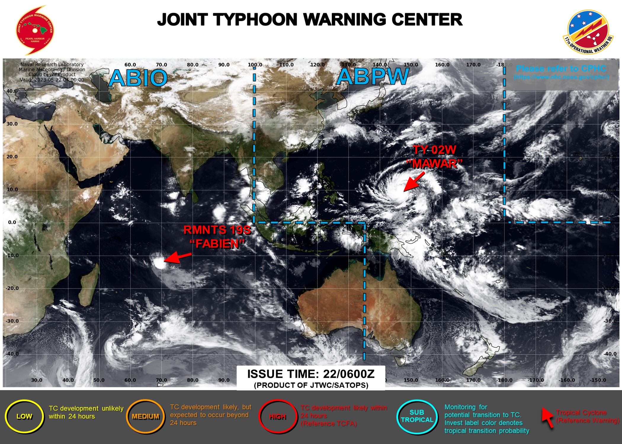 JTWC IS ISSUING 6HOURLY WARNINGS AND 3HOURLY SATELLITE BULLETINS ON TY 02W(MAWAR). 12HOURLY WARNINGS AND 3 HOURLY SATELLITE BULLETINS ON TC 19S(FABIEN) WERE DISCONTINUED AT 212100UTC AND 220530UTC RESPECTIVELY.