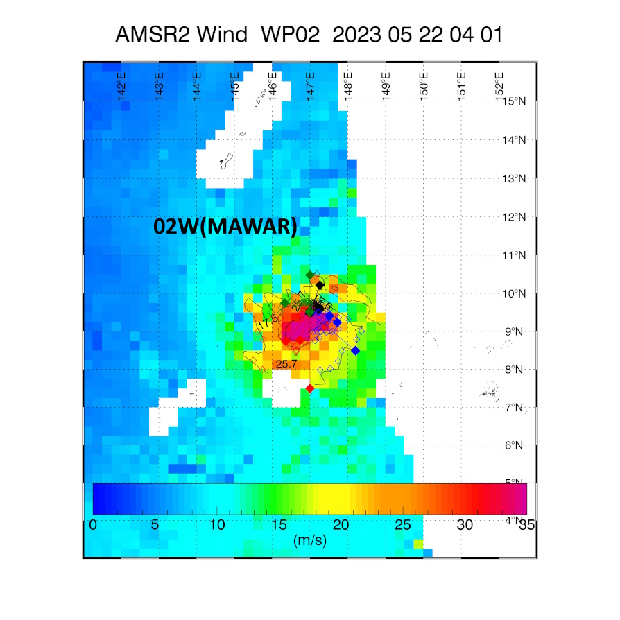 Typhoon 02W(MAWAR) intensifying to CAT 3 US within 24hours then bearing down on GUAM//Remnants of TC 19S(FABIEN)//2215utc