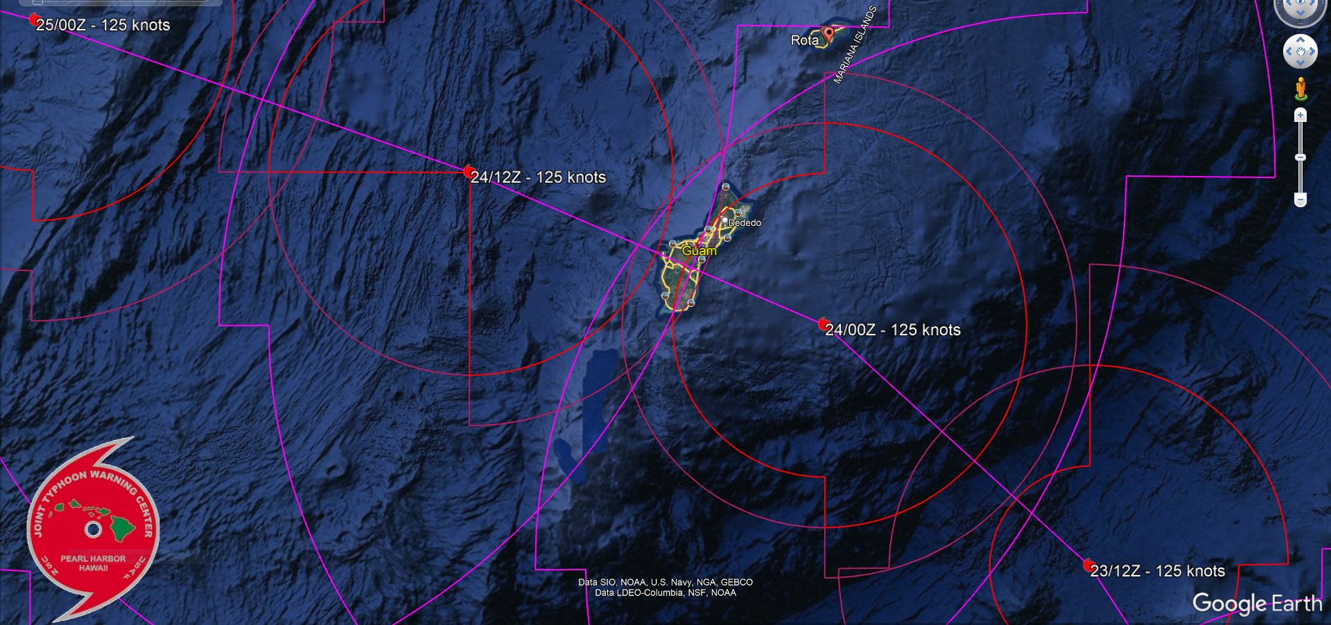 MODEL DISCUSSION: THE DETERMINISTIC AND ENSEMBLE MODELS ARE ALL IN TIGHT AGREEMENT THAT TC MAWAR WILL CONTINUE TO TRACK NORTHWESTWARD THROUGH TAU 24, THEN MAKE THE TURN WEST-NORTHWESTWARD BY TAU 36. IN THE SHORT TERM, THE JTWC FORECAST TRACK CONSENSUS MEMBERS ARE SHOWING A 15 NM SPREAD AT TAU 12 THAT GRADUALLY INCREASES TO 32 NM BY TAU 24, AND 50 NM BY TAU 36. AFTERWARDS, THE SPREAD INCREASE TO 109 NM BY TAU 96. DUE TO THE TIGHT AGREEMENT IN THE NEAR TERM, THE JTWC TRACK IS PLACED WITH HIGH CONFIDENCE CLOSE TO CONSENSUS THROUGH TAU 72, AND MEDIUM CONFIDENCE AFTERWARDS DUE TO THE SPREAD OF THE MODELS. THE JTWC INTENSITY CONSENSUS DISPLAYS A 20 KNOT SPREAD THROUGH TAU 36, MORE THAN LIKELY DUE TO THE RAPID INTENSIFICATION OF THE SYSTEM. AFTERWARDS, THE SPREAD INCREASES INTO THE LATER TAUS. HOWEVER, THEY DO AGREE WITH AN INCREASING SCENARIO THROUGHOUT THE FORECAST PERIOD. THE JTWC INTENSITY FORECAST IS SET SLIGHTLY HIGHER THAN CONSENSUS WITH MEDIUM CONFIDENCE DUE TO THE RAPID INTENSIFICATION.