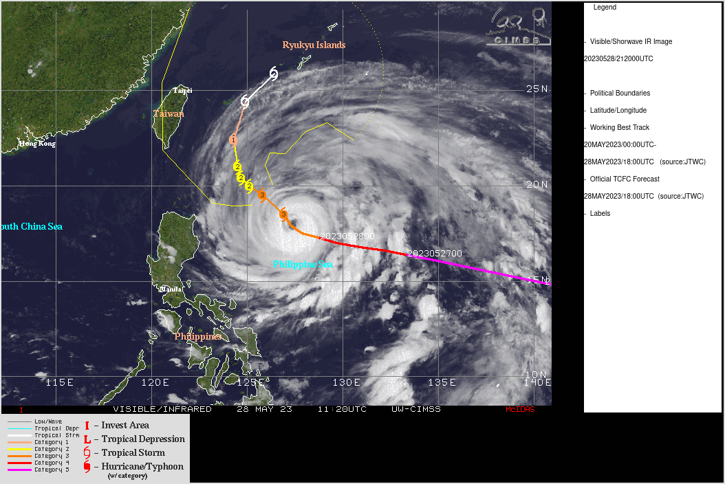 SATELLITE ANALYSIS, INITIAL POSITION AND INTENSITY DISCUSSION: ANIMATED ENHANCED INFRARED (EIR) SATELLITE IMAGERY DEPICTS A SYSTEM  SHOWING SIGNS OF BEING ON A WEAKENING TREND WITH THE BULK OF THE  DEEP CONVECTION IN THE SOUTHEAST QUADRANT OF THE LOW LEVEL  CIRCULATION CENTER (LLCC). EXAMINATION OF THE EYE STRUCTURE REVEALS AN EYE TEMPERATURE OF -3C AND A DIAMETER OF 25 NM. A 281231Z ASCAT-B  PASS DEPICTS A FAIRLY SYMMETRICAL WINDFIELD WITH THE EXCEPTION OF  THE NORTHEAST QUADRANT AS THE PASS WAS ONLY A PARTIAL IMAGE. THE  SYSTEM PROXIMITY TO THE COOLER (26C) SEA SURFACE TEMPERATURES (SST)  TO THE NORTH IS CAUSING A LACK OF CONVECTION IN THE NORTHERN  PERIPHERY. TY MAWAR IS IN A FAVORABLE ENVIRONMENT FOR FURTHER  TROPICAL ACTIVITY. THESE CONDITIONS ARE CHARACTERIZED BY MODERATE  RADIAL OUTFLOW ALOFT, A HEALTHY 850 MB VORTICITY SIGNATURE, LOW  (5-10 KTS) VERTICAL WIND SHEAR (VWS), AND WARM (27-28 C) SST. THE  INITIAL POSITION IS PLACED WITH HIGH CONFIDENCE BASED ON MULTI- AGENCY FIXES, ALONG WITH THE AFOREMENTIONED EIR IMAGERY. THE INITIAL  INTENSITY OF 105 KNOTS IS ASSESSED WITH MEDIUM CONFIDENCE BASED  OFF A BLEND OF MULTI-AGENCY AND AUTOMATED DVORAK ESTIMATES. SATELLITE ANALYSIS, INITIAL POSITION AND INTENSITY DISCUSSION: ANIMATED ENHANCED INFRARED (EIR) SATELLITE IMAGERY DEPICTS A SYSTEM  SHOWING SIGNS OF BEING ON A WEAKENING TREND WITH THE BULK OF THE  DEEP CONVECTION IN THE SOUTHEAST QUADRANT OF THE LOW LEVEL  CIRCULATION CENTER (LLCC). EXAMINATION OF THE EYE STRUCTURE REVEALS AN EYE TEMPERATURE OF -3C AND A DIAMETER OF 25 NM. A 281231Z ASCAT-B  PASS DEPICTS A FAIRLY SYMMETRICAL WINDFIELD WITH THE EXCEPTION OF  THE NORTHEAST QUADRANT AS THE PASS WAS ONLY A PARTIAL IMAGE. THE  SYSTEM PROXIMITY TO THE COOLER (26C) SEA SURFACE TEMPERATURES (SST)  TO THE NORTH IS CAUSING A LACK OF CONVECTION IN THE NORTHERN  PERIPHERY. TY MAWAR IS IN A FAVORABLE ENVIRONMENT FOR FURTHER  TROPICAL ACTIVITY. THESE CONDITIONS ARE CHARACTERIZED BY MODERATE  RADIAL OUTFLOW ALOFT, A HEALTHY 850 MB VORTICITY SIGNATURE, LOW  (5-10 KTS) VERTICAL WIND SHEAR (VWS), AND WARM (27-28 C) SST. THE  INITIAL POSITION IS PLACED WITH HIGH CONFIDENCE BASED ON MULTI- AGENCY FIXES, ALONG WITH THE AFOREMENTIONED EIR IMAGERY. THE INITIAL  INTENSITY OF 105 KNOTS IS ASSESSED WITH MEDIUM CONFIDENCE BASED  OFF A BLEND OF MULTI-AGENCY AND AUTOMATED DVORAK ESTIMATES.