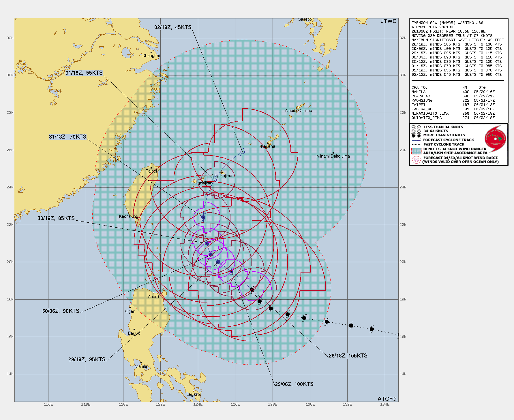 FORECAST REASONING.   SIGNIFICANT FORECAST CHANGES: THERE ARE NO SIGNIFICANT CHANGES TO THE FORECAST FROM THE PREVIOUS WARNING.   FORECAST DISCUSSION: TY 02W IS TRACKING NORTHWEST AS IT RIDES THE  SOUTHWESTERN PERIPHERY OF THE STR TO THE NORTHEAST. THROUGH TAU 36,  TY MAWAR WILL STAY ALONG THIS TRAJECTORY AND STEADILY WEAKEN TO 90  KNOTS AS IT ENTERS A HOSTILE ENVIRONMENT FOR CONTINUED TROPICAL  ACTIVITY. IN ADDITION, THE SYSTEM WILL SLOW DOWN IN TRACK SPEED AND  TURN NORTHWARD AS THE STEERING ENVIRONMENT SHIFTS FROM THE STR TO  THE NORTHEAST TO A RIDGE THAT WILL BUILD IN FROM OVER CHINA TO THE  NORTHWEST. BY TAU 48 THROUGH TAU 72, THERE IS THE POSSIBILITY THE  SYSTEM WILL HAVE A QUASI-STATIONARY POSTURE AS THESE TWO RIDGES  ORIENTATE THEMSELVES. BY TAU 72 AND BEYOND, THE STR TO THE NORTHWEST  WILL BE THE DOMINANT STEERING MECHANISM AND WILL DRIVE TY MAWAR  NORTHEASTWARD. ALL THE WHILE, THE INTENSITY WILL CONTINUE TO  DECREASE TO 45 KNOTS BY THE END OF THE FORECAST PERIOD DUE TO THE  COOLER (25-26C) SSTS ABOVE THE 20TH PARALLEL, AS WELL AS THE  UPWELLING CAUSED BY THE SYSTEM DURING ITS ANTICIPATED SLOW DOWN  IN TRACK SPEED. FORECAST REASONING.   SIGNIFICANT FORECAST CHANGES: THERE ARE NO SIGNIFICANT CHANGES TO THE FORECAST FROM THE PREVIOUS WARNING.   FORECAST DISCUSSION: TY 02W IS TRACKING NORTHWEST AS IT RIDES THE  SOUTHWESTERN PERIPHERY OF THE STR TO THE NORTHEAST. THROUGH TAU 36,  TY MAWAR WILL STAY ALONG THIS TRAJECTORY AND STEADILY WEAKEN TO 90  KNOTS AS IT ENTERS A HOSTILE ENVIRONMENT FOR CONTINUED TROPICAL  ACTIVITY. IN ADDITION, THE SYSTEM WILL SLOW DOWN IN TRACK SPEED AND  TURN NORTHWARD AS THE STEERING ENVIRONMENT SHIFTS FROM THE STR TO  THE NORTHEAST TO A RIDGE THAT WILL BUILD IN FROM OVER CHINA TO THE  NORTHWEST. BY TAU 48 THROUGH TAU 72, THERE IS THE POSSIBILITY THE  SYSTEM WILL HAVE A QUASI-STATIONARY POSTURE AS THESE TWO RIDGES  ORIENTATE THEMSELVES. BY TAU 72 AND BEYOND, THE STR TO THE NORTHWEST  WILL BE THE DOMINANT STEERING MECHANISM AND WILL DRIVE TY MAWAR  NORTHEASTWARD. ALL THE WHILE, THE INTENSITY WILL CONTINUE TO  DECREASE TO 45 KNOTS BY THE END OF THE FORECAST PERIOD DUE TO THE  COOLER (25-26C) SSTS ABOVE THE 20TH PARALLEL, AS WELL AS THE  UPWELLING CAUSED BY THE SYSTEM DURING ITS ANTICIPATED SLOW DOWN  IN TRACK SPEED.