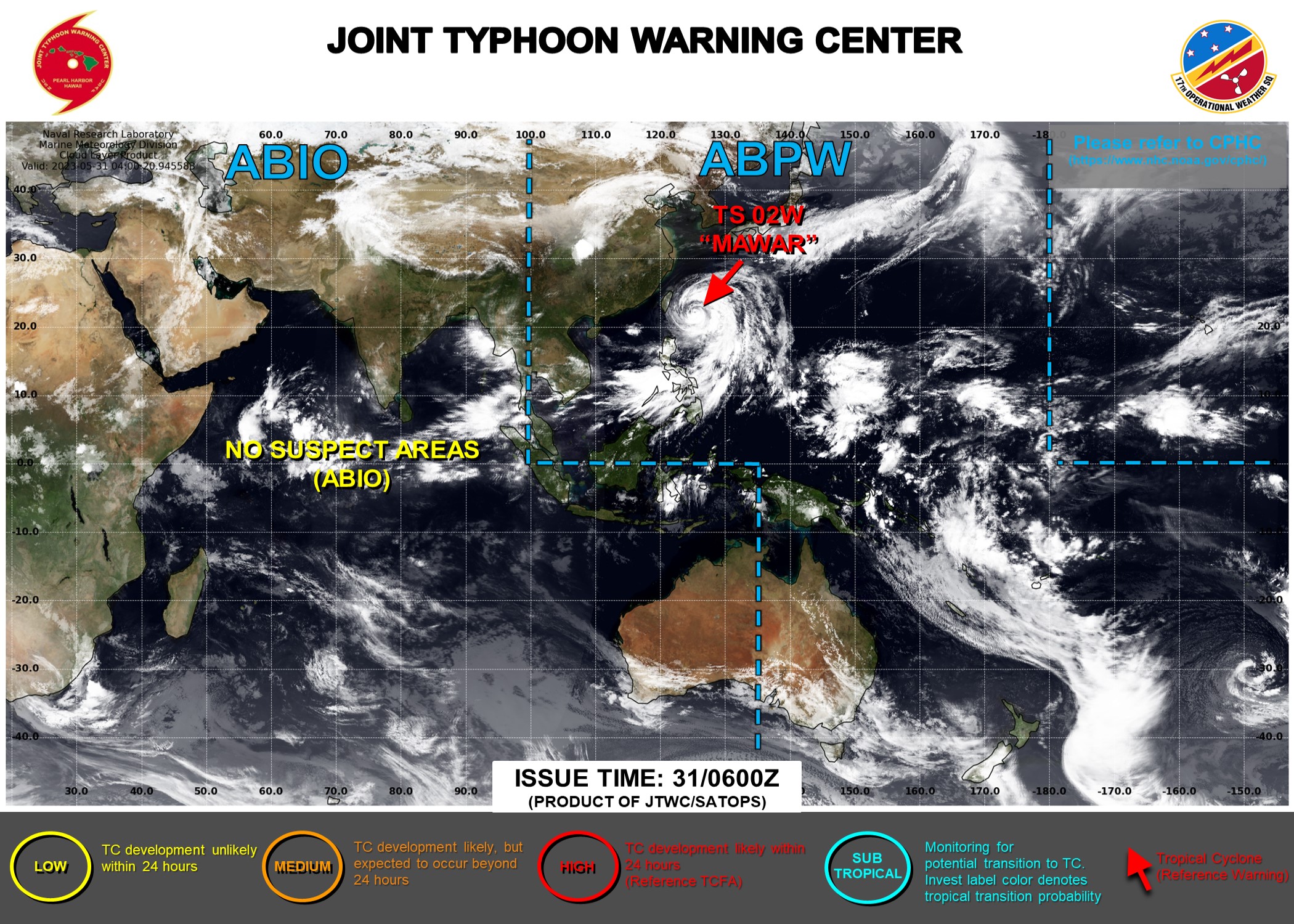 JTWC IS ISSUING 6HOURLY WARNINGS AND 3HOURLY SATELLITE BULLETINS ON TY 02W(MAWAR). JTWC PH