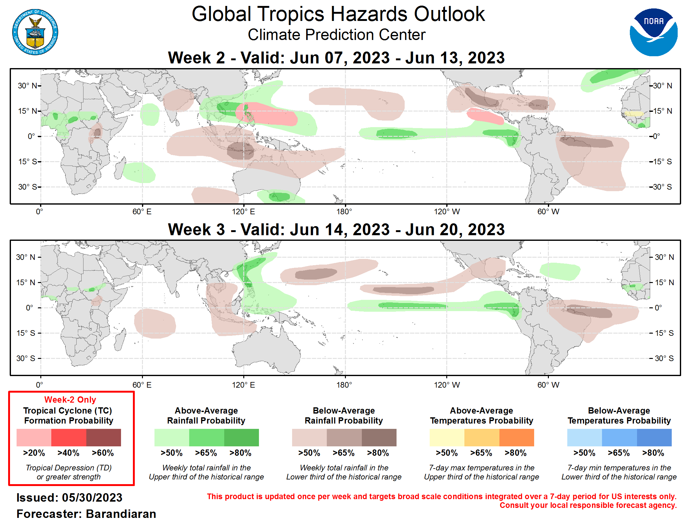 Last Updated - 05/30/23 Valid - 06/07/23 - 06/20/23 The Madden-Julian Oscillation (MJO) has continued to be active despite interference from Typhoon Mawar and is currently at the edge of phases 7 and 8 in RMM space, with the enhanced convective envelope over the Eastern Pacific and the Americas. Ensemble model solutions for the RMM index generally agree on continued propagation of the MJO signal through the week-3, although there is a wide range on the amplitude of the signal. Regardless of amplitude though, the week 2 and 3 forecast for the MJO is favorable for development of tropical cyclones (TCs) over the Eastern Pacific.  There were no new TCs that formed in the last week. Typhoon Mawar continues to be active in the Western Pacific basin. Mawar is currently northeast of the Philippines and is moving slowly northward. In the coming week it is forecast to track northeast near Okinawa and become extratropical as it continues south of the main islands of Japan. For the latest information concerning Typhoon Mawar please refer to the Joint Typhoon Warning Center (JTWC).  During week-2 the consensus among model guidance places the MJO in phases 1-2 (Western Hemisphere/Africa) which generally enhances probabilities of TC formation for the Eastern Pacific basin. It is still early in the season and in some ways the synoptic picture over Mexico is more reminiscent of early spring than the beginning of June, but nonetheless both the ECMWF and GEFS TC guidance indicate the potential for a mid-June TC. Additionally, despite phase 2 being less favorable in the Western Pacific for TCs, the ECMWF also has increased chances for TC genesis during week-2. Finally, the northern Indian Ocean (both Bay of Bengal and Arabian Sea) is being highlighted for the potential of TC genesis. Internal forecast tools favor week-2 for formation, while the medium-range ECMWF solutions suggest week-1 is most likely. Due to this discrepancy in timing, the potential for TC genesis over the Indian Ocean is not included in the forecast at this time.  The precipitation outlook for the next two weeks is based on anticipated TC tracks, the anticipated state of the MJO, and consensus of GEFS, CFS, and ECMWF ensemble mean solutions. Above-normal precipitation continues for the Equatorial Eastern Pacific and the coasts of Ecuador and Peru for both weeks, which is likely to worsen antecedent wet conditions in the region. The Western Pacific is also favored for above-normal precipitation, while portions of the Maritime Continent and northern Australia tilt towards drier conditions, especially during week-2. Below-normal precipitation is also favored for the Caribbean and Mexico for week-2, as well as for eastern Brazil for both weeks.