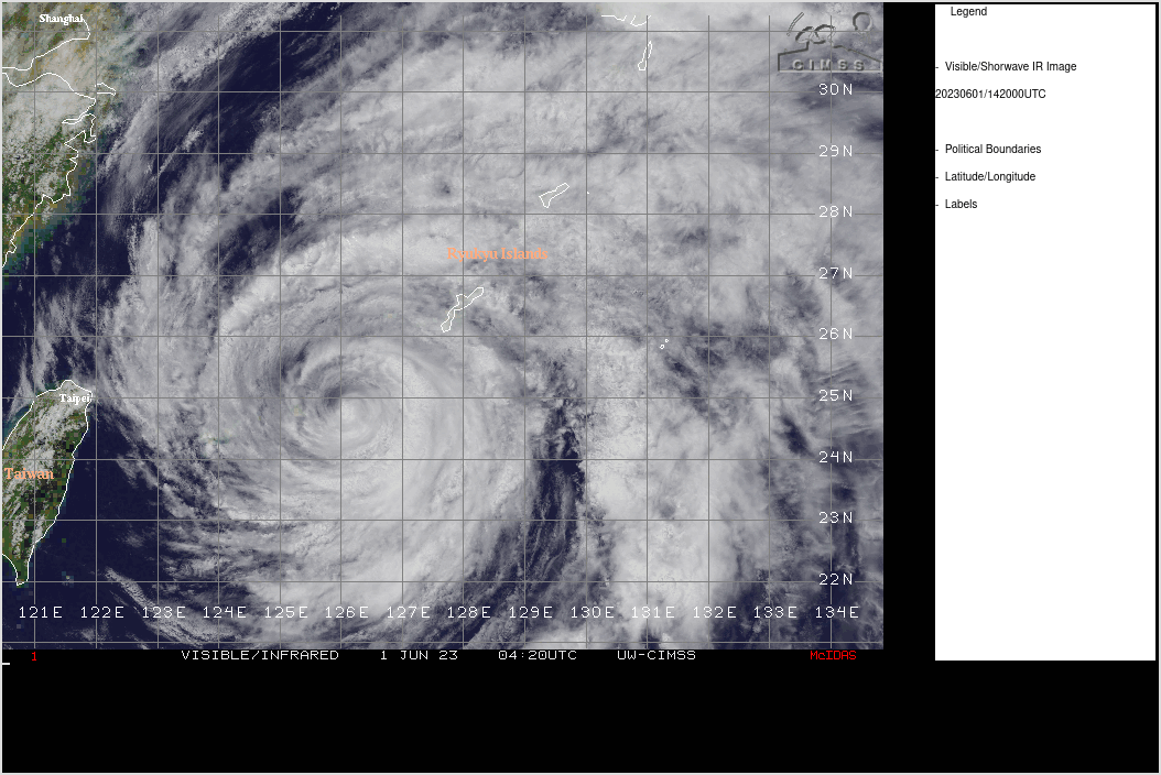SATELLITE ANALYSIS, INITIAL POSITION AND INTENSITY DISCUSSION: ANIMATED ENHANCED INFRARED (EIR) SATELLITE IMAGERY DEPICTS A TIGHTLY-WRAPPED CIRCULATION. CONVERGENT FLOW ASSOCIATED WITH AN UPPER-LEVEL SHORTWAVE TROUGH IS SUPPRESSING CONVECTION ON THE WESTERN SIDE OF THE CIRCULATION, WHILE CONVERGENT LOW-LEVEL INFLOW  AND DIVERGENT UPPER-LEVEL OUTFLOW CONTINUE TO SUPPORT CONVECTIVE DEVELOPMENT TO THE EAST AND SOUTH OF THE SYSTEM CENTER. THE INITIAL POSITION IS PLACED WITH HIGH CONFIDENCE BASED ON A PARTIALLY-EXPOSED  CENTER FEATURE EVIDENT IN 011200Z INFRARED IMAGERY AND RECENT RADAR  DATA. THE INITIAL INTENSITY OF 50 KTS IS ASSESSED WITH HIGH CONFIDENCE  BASED ON WIND AND PRESSURE OBSERVATIONS FROM THE ISLAND OF OKINAWA. SATELLITE ANALYSIS, INITIAL POSITION AND INTENSITY DISCUSSION: ANIMATED ENHANCED INFRARED (EIR) SATELLITE IMAGERY DEPICTS A TIGHTLY-WRAPPED CIRCULATION. CONVERGENT FLOW ASSOCIATED WITH AN UPPER-LEVEL SHORTWAVE TROUGH IS SUPPRESSING CONVECTION ON THE WESTERN SIDE OF THE CIRCULATION, WHILE CONVERGENT LOW-LEVEL INFLOW  AND DIVERGENT UPPER-LEVEL OUTFLOW CONTINUE TO SUPPORT CONVECTIVE DEVELOPMENT TO THE EAST AND SOUTH OF THE SYSTEM CENTER. THE INITIAL POSITION IS PLACED WITH HIGH CONFIDENCE BASED ON A PARTIALLY-EXPOSED  CENTER FEATURE EVIDENT IN 011200Z INFRARED IMAGERY AND RECENT RADAR  DATA. THE INITIAL INTENSITY OF 50 KTS IS ASSESSED WITH HIGH CONFIDENCE  BASED ON WIND AND PRESSURE OBSERVATIONS FROM THE ISLAND OF OKINAWA.