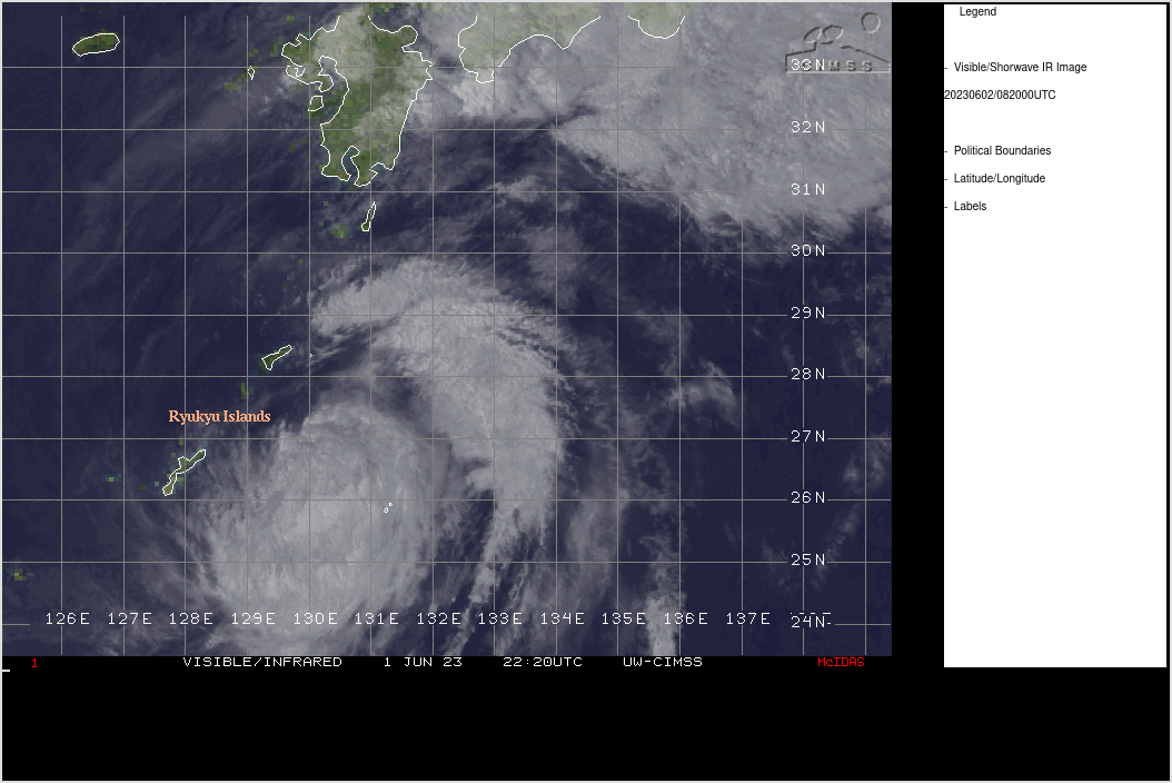 SATELLITE ANALYSIS, INITIAL POSITION AND INTENSITY DISCUSSION: ANIMATED MULTISPECTRAL SATELLITE IMAGERY (MSI) DEPICTS CONVECTION CONFINED TO THE EASTERN PORTIONS OF A BROAD CIRCULATION DUE TO UPPER-LEVEL TROUGHING OVER THE WESTERN PORTION OF THE CIRCULATION AND DIVERGENT FLOW TO THE EAST. THE INITIAL POSITION IS PLACED WITH MEDIUM CONFIDENCE BASED ON SUBJECTIVE AGENCY FIXES AND 020421Z 37 GHZ GPM MICROWAVE IMAGER DATA. THE INITIAL INTENSITY OF 45 KTS IS ASSESSED WITH HIGH CONFIDENCE BASED ON RECENT CIMSS SATELLITE  CONSENSUS ESTIMATES AND PERIPHERAL WINDS EXCEEDING 40 KNOTS EVIDENT IN BOTH EARLIER ASCAT DATA AND IN WIND SPEEDS DERIVED FROM A 020346Z  AMSR2 PASS. SATELLITE ANALYSIS, INITIAL POSITION AND INTENSITY DISCUSSION: ANIMATED MULTISPECTRAL SATELLITE IMAGERY (MSI) DEPICTS CONVECTION CONFINED TO THE EASTERN PORTIONS OF A BROAD CIRCULATION DUE TO UPPER-LEVEL TROUGHING OVER THE WESTERN PORTION OF THE CIRCULATION AND DIVERGENT FLOW TO THE EAST. THE INITIAL POSITION IS PLACED WITH MEDIUM CONFIDENCE BASED ON SUBJECTIVE AGENCY FIXES AND 020421Z 37 GHZ GPM MICROWAVE IMAGER DATA. THE INITIAL INTENSITY OF 45 KTS IS ASSESSED WITH HIGH CONFIDENCE BASED ON RECENT CIMSS SATELLITE  CONSENSUS ESTIMATES AND PERIPHERAL WINDS EXCEEDING 40 KNOTS EVIDENT IN BOTH EARLIER ASCAT DATA AND IN WIND SPEEDS DERIVED FROM A 020346Z  AMSR2 PASS.