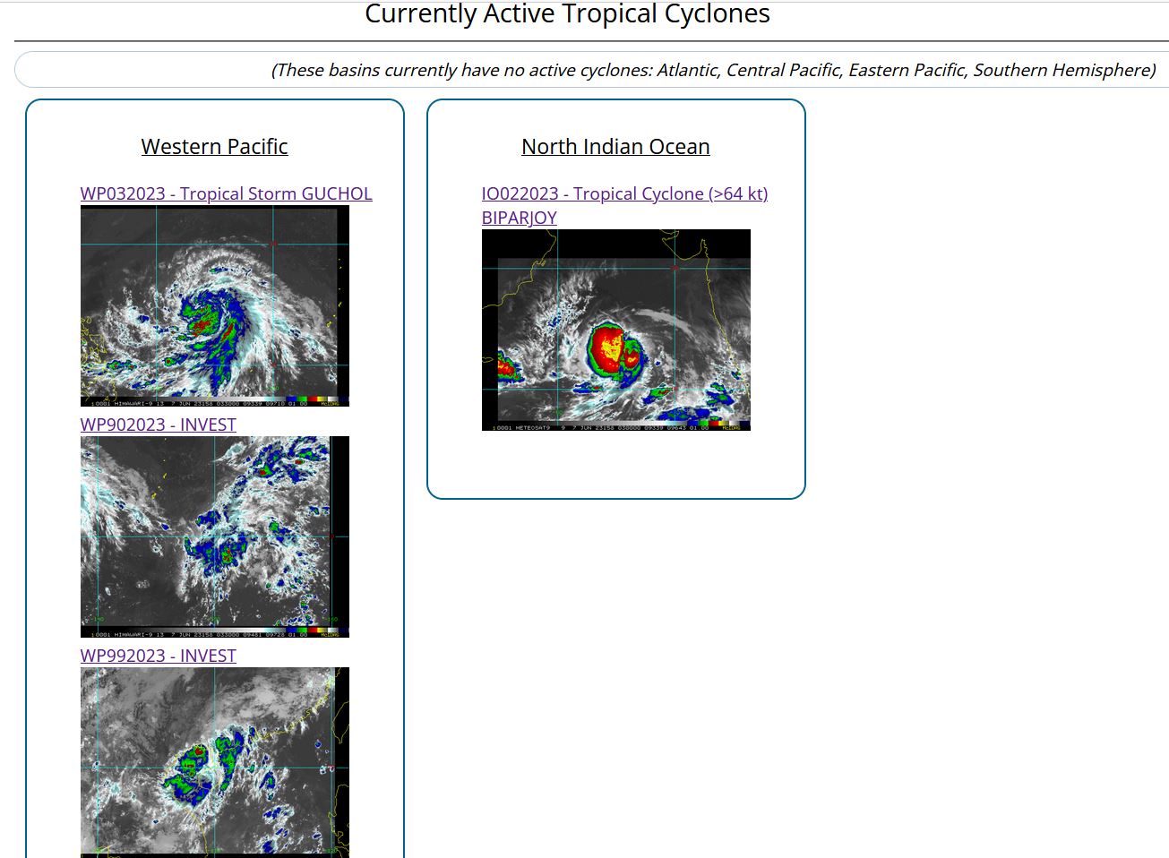 JTWC IS ISSUING 6HOURLY WARNINGS AND 3HOURLY SATELLITE BULLETINS ON TS 03W(GUCHOL) AND ON TC 02A(BIPARJOY).