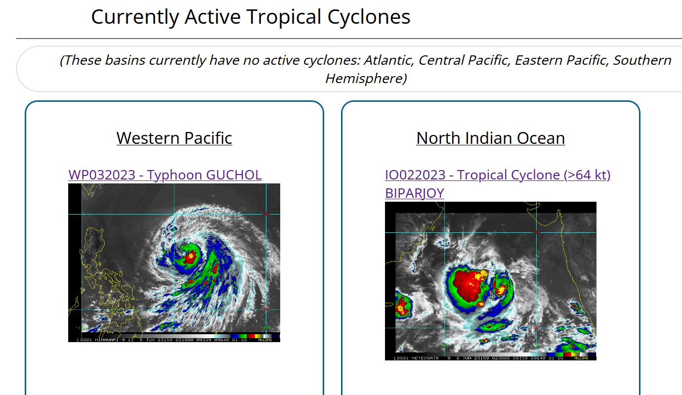JTWC IS ISSUING 6HOURLY WARNINGS AND 3HOURLY SATELLITE BULLETINS ON TY 03W(GUCHOL) AND ON TC 02A(BIPARJOY).