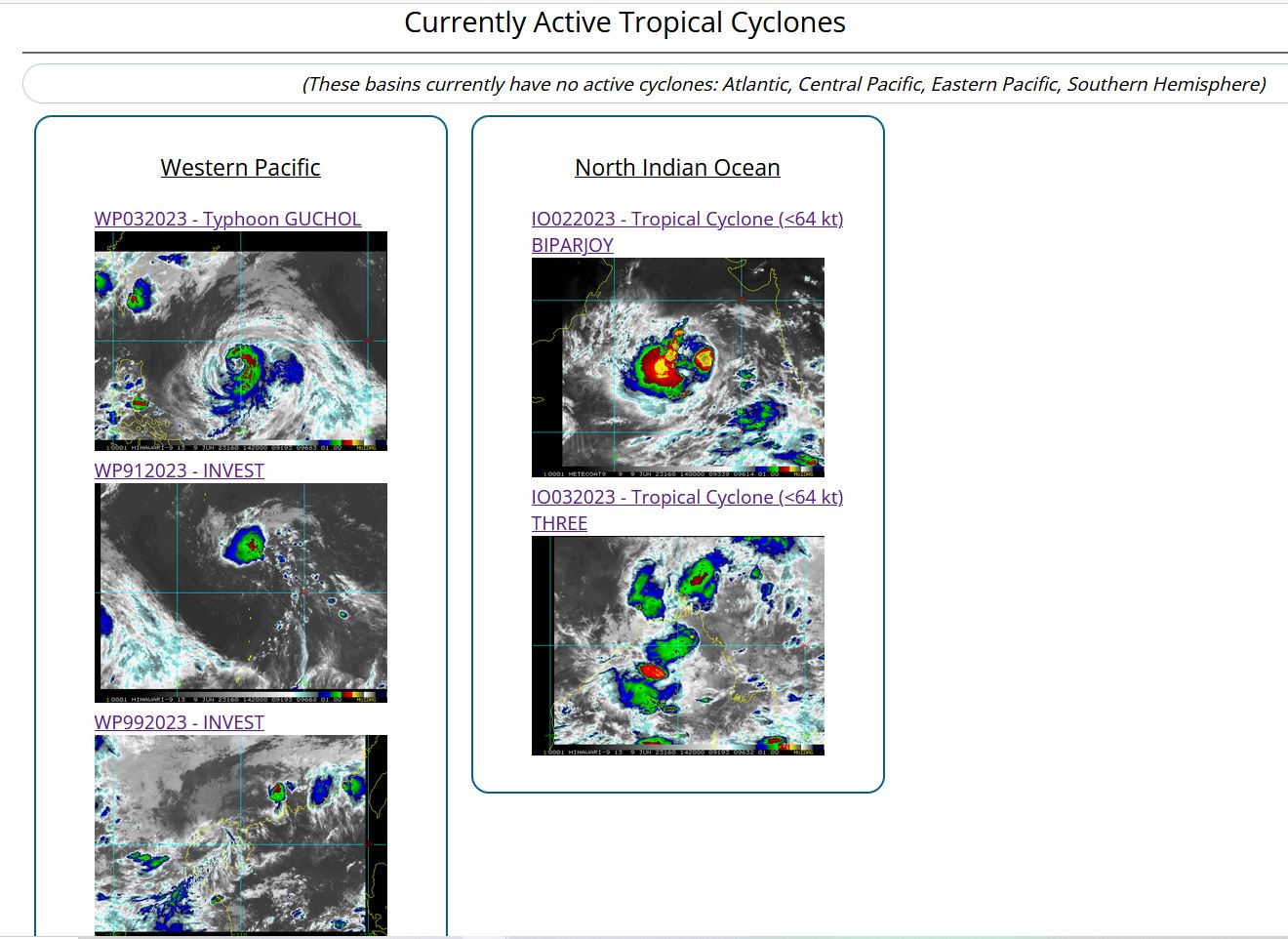 JTWC IS ISSUING 6HOURLY WARNINGS AND 3HOURLY SATELLITE BULLETINS ON TY 03W(GUCHOL), TC 02A(BIPARJOY) AND TC 03B.