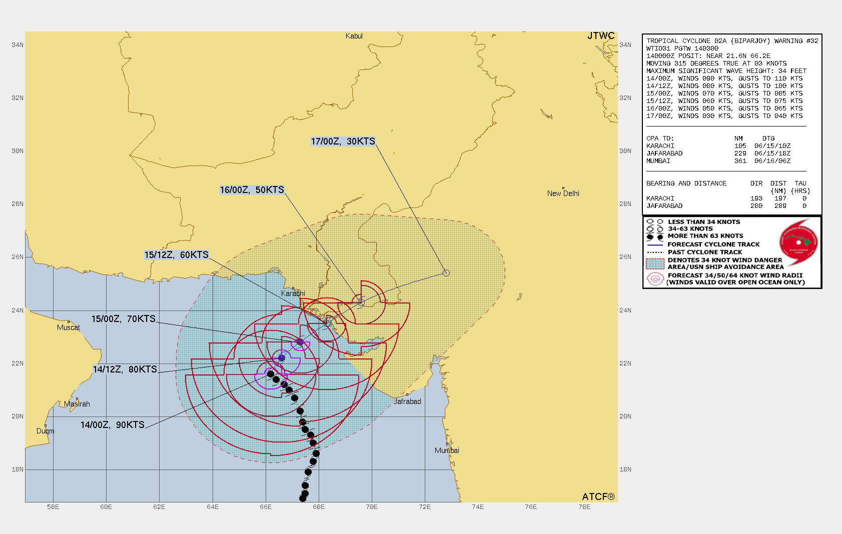 FORECAST REASONING.  SIGNIFICANT FORECAST CHANGES: THERE ARE NO SIGNIFICANT CHANGES TO THE FORECAST FROM THE PREVIOUS WARNING.  FORECAST DISCUSSION: TC 02A WILL RECURVE SHARPLY NORTHEASTWARD ALONG  THE NORTHWESTERN PERIPHERY OF THE STR AND WILL APPROACH THE INDIA- PAKISTAN BORDER AREA WITH SIGNIFICANT WEAKENING AFTER TAU 24 DUE TO  INCREASED FRICTIONAL EFFECTS. AFTER TAU 36 WHEN THE SYSTEM MAKES  LANDFALL, TC 02A WILL RAPIDLY WEAKEN AND IS EXPECTED TO DISSIPATE BY  TAU 72 OVER NORTHWEST INDIA.