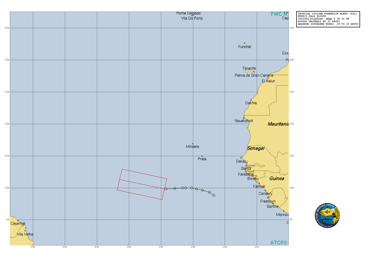 WTNT21 KNGU 181500 SUBJ/TROPICAL CYCLONE FORMATION ALERT// RMKS/1. FORMATION OF A TROPICAL CYCLONE IS POSSIBLE WITHIN 100 NM RADIUS OF 9.7N AND 31.9W WITHIN THE NEXT 24 HOURS.  AVAILABLE DATA DOES NOT JUSTIFY ISSUANCE OF NUMBERED TROPICAL  CYCLONE WARNINGS AT THIS TIME. WINDS IN THE AREA ARE ESTIMATED TO  BE 20 TO 25 KNOTS. METSAT IMAGERY AT 181200Z INDICATE THAT A SURFACE  CIRCULATION MAY BE FORMING NEAR 9.7N AND 31.9W. THE SYSTEM IS  MOVING AT 12 KNOTS AT A BEARING OF 270 DEGREES. 2. A BROAD AREA OF SHOWERS AND THUNDERSTORMS, LOCATED SEVERAL  HUNDRED MILES SOUTHWEST OF THE CABO VERDE ISLANDS, CONTINUES TO SHOW SIGNS ORGANIZATION. ENVIRONMENTAL CONDITIONS APPEAR CONDUCIVE FOR ADDITIONAL DEVELOPMENT AND A TROPICAL DEPRESSION IS LIKELY TO FORM DURING THE NEXT 24 HOURS. THIS DISTURBANCE IS EXPECTED TO MOVE GENERALLY WESTWARD OVER THE CENTRAL TROPICAL ATLANTIC DURING THE  NEXT SEVERAL DAYS.  3. THIS ALERT WILL BE REISSUED, SUPERSEDED BY POTENTIAL TROPICAL CYCLONE ADVISORY, UPGRADED TO WARNING, OR CANCELLED BY 191500.