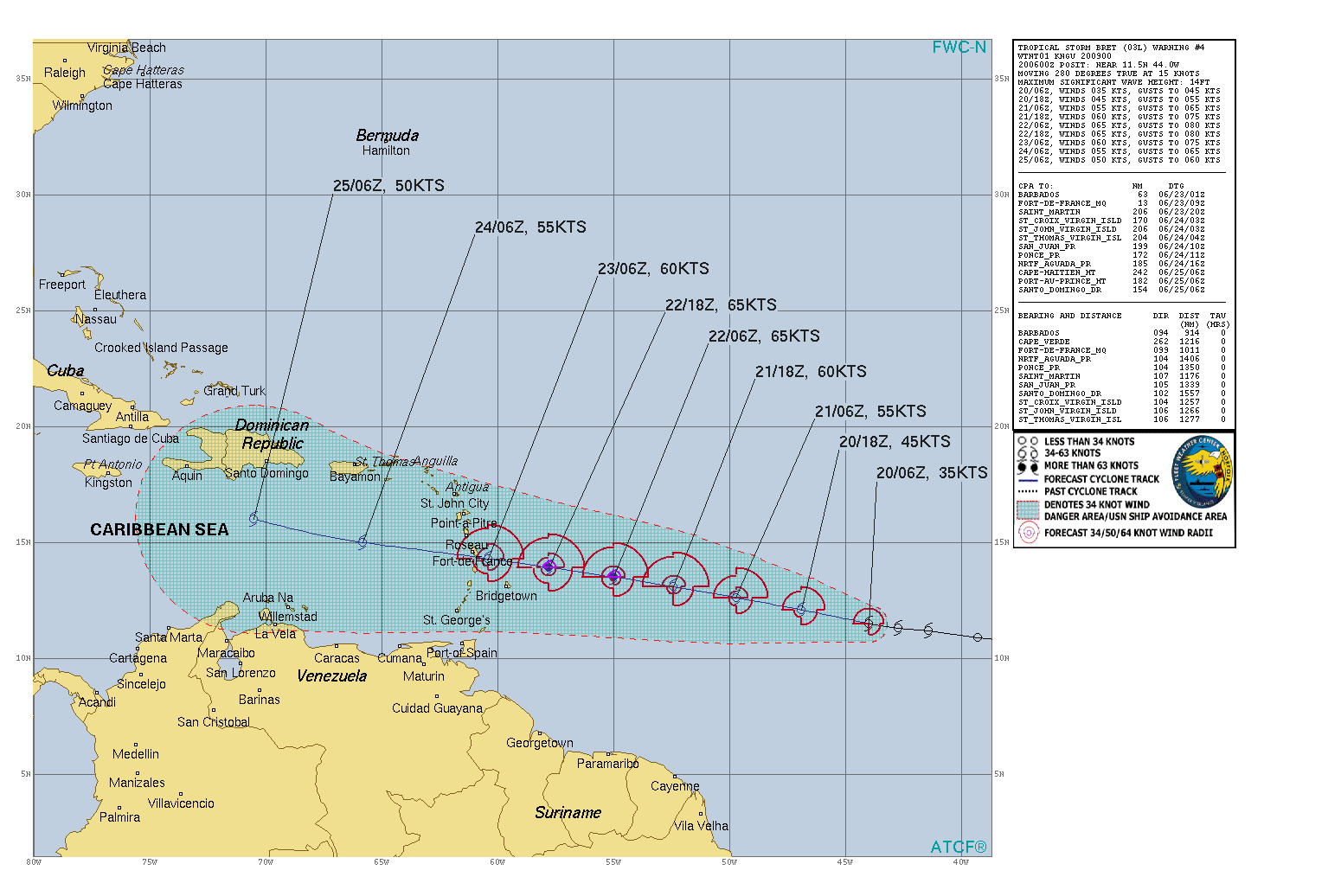 Tropical Storm Bret Discussion Number   4 NWS National Hurricane Center Miami FL       AL032023 500 AM AST Tue Jun 20 2023  Although Bret remains a well-organized tropical cyclone on satellite  imagery, its overall appearance has changed little since yesterday  evening.  The cloud pattern consists of a developing CDO with some  banding features mainly over the eastern portion of the circulation.   Cirrus motions show that the upper-level anticyclonic outflow  pattern remains well-defined.  Subjective Dvorak intensity estimates  from TAFB and SAB remain at 35 kt, and objective ADT estimates from  UW-CIMMS are also near this value.  Therefore, the advisory  intensity is held at 35 kt at this time.  Bret continues to move slightly north of due west or at about 280/15  kt.  A mid-level high pressure area is expected to remain positioned  to the north of the tropical cyclone for the next few days.  Thus,  little change to the motion is likely through 72-96 hours.  In the  latter part of the forecast period, a mid-tropospheric trough near  the Florida peninsula should cause the deep layer ridge to weaken  somewhat.  However, it is assumed that the cyclone will be weakening  by that time and steered more by the low-level easterlies.  There  continues to be a significant spread in the 3-5 day track model  guidance, probably due in large part to differences in the predicted  intensity of Bret.  The official track forecast is similar to the  previous one except a little farther to the south near the end of  the period.  The simple and corrected consensus model solutions are  even farther to the south.  Both the atmospheric and oceanic environment look conducive for  strengthening during the next couple of days with low shear and  abnormally warm ocean waters.  Therefore, the forecast continues to  call for Bret to become a hurricane in a couple of days.  By 72  hours, however, vertical shear is predicted to increase in  association with an upper-level trough over the eastern Caribbean  and drier mid-level air should begin to get entrained into the  system.  This will likely cause a weakening trend to commence after  Bret moves into the Caribbean as suggested by the global models.   The official intensity forecast is similar to the previous NHC  prediction and is above the model consensus and the SHIPS/LGEM  guidance.   KEY MESSAGES:  1. Bret is forecast to initially strengthen and then move across the Lesser Antilles near hurricane intensity on Thursday and Friday, bringing a risk of flooding from heavy rainfall, strong winds, and dangerous storm surge and waves.  2. Given the larger than usual uncertainty in the track forecast, it is too early to specify the location and magnitude of where these hazards could occur. However, everyone in the Lesser Antilles, Puerto Rico, and the Virgin Islands should closely monitor updates to the forecast for Bret and have their hurricane plan in place.