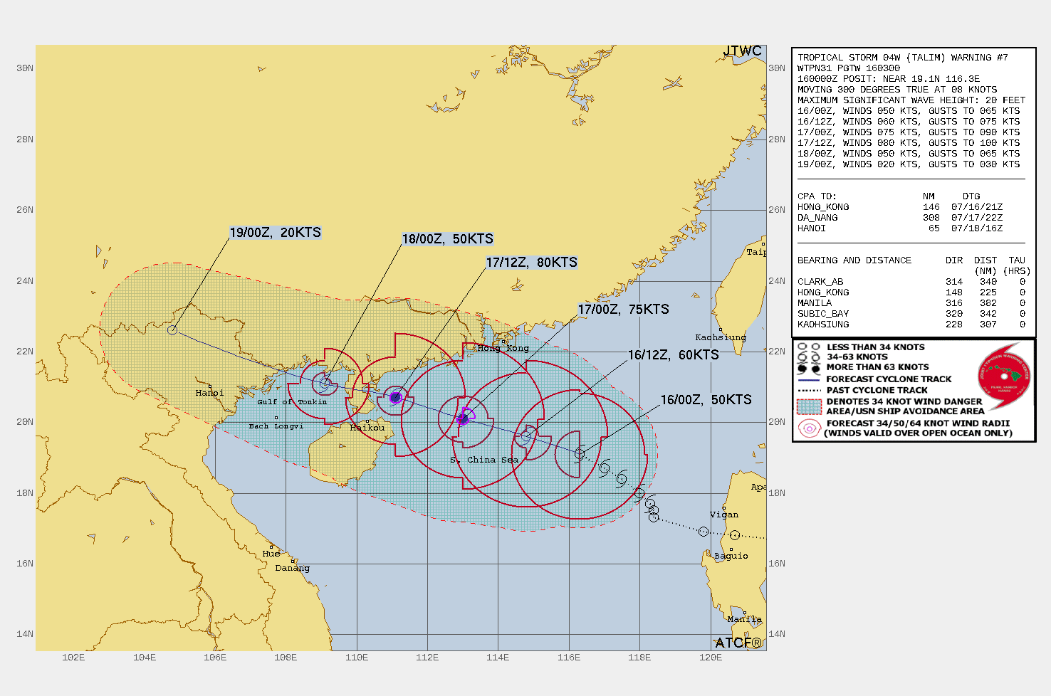 FORECAST REASONING.  SIGNIFICANT FORECAST CHANGES: THERE ARE NO SIGNIFICANT CHANGES TO THE FORECAST FROM THE PREVIOUS WARNING.  FORECAST DISCUSSION: TS TALIM WILL CONTINUE TO TRACK GENERALLY WEST-NORTHWESTWARD UNDER THE STEERING INFLUENCE OF THE STR OVER THE WARM SCS, MAKE LANDFALL ON THE LEIZHOU PENINSULA NEAR ZHANJIANG AFTER TAU 36, THEN CROSS THE GULF OF TONKIN BEFORE MAKING A FINAL LANDFALL OVER NORTHERN VIETNAM AROUND TAU 54. THE OVERALL FAVORABLE ENVIRONMENT WILL FUEL INTENSIFICATION TO 80KTS BY TAU 36 PRIOR TO INITIAL LANDFALL. LAND INTERACTION WITH RUGGED TERRAIN AND INCREASING VWS WILL MOSTLY BE RESPONSIBLE FOR THE GRADUAL THEN RAPID EROSION AFTER TAU 36, LEADING TO DISSIPATION BY TAU 72 AS IT TRACKS OVER NORTHERN VIETNAM.