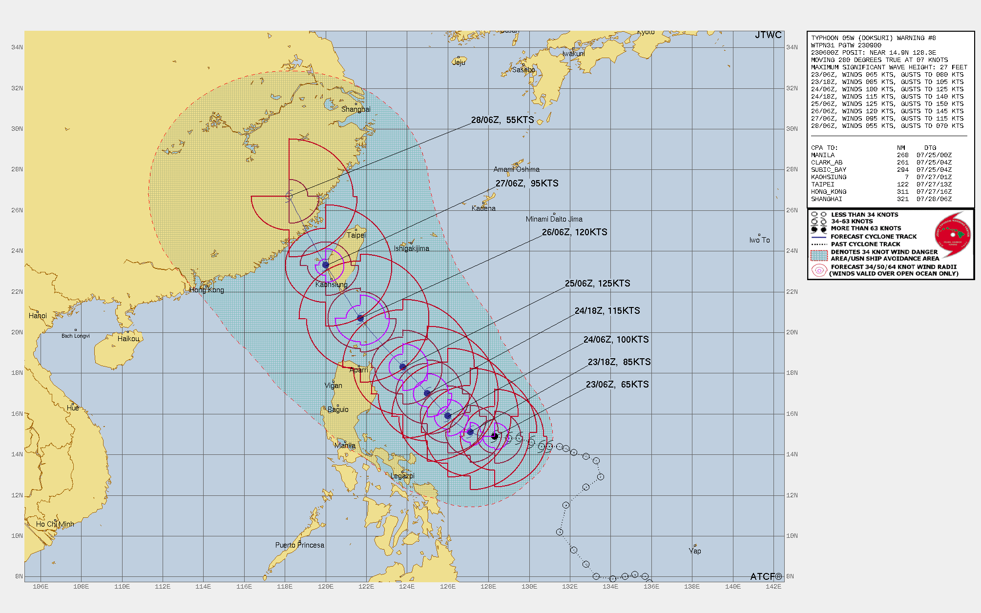 FORECAST REASONING.  SIGNIFICANT FORECAST CHANGES: THE ONSET OF RI HAS BEEN MOVED EARLIER IN THE FORECAST, THE PEAK INTENSITY HAS BEEN RAISED BY 10 KNOTS AND SHIFTED EARLIER IN THE FORECAST, WHILE THE TRACK CONTINUES TO WALK SOUTHWESTWARD.   FORECAST DISCUSSION: TY 05W CONTINUES TO TRACK SLOWLY WESTWARD ALONG THE SOUTHERN SIDE OF THE STR TO THE NORTH. CONTRARY TO EARLIER FORECASTS, THE STR HAS NOT WEAKENED SIGNIFICANTLY, IN FACT IT REMAINS VERY FIRMLY ENTRENCHED FROM THE EAST COAST OF HONSHU ALL THE WAY TO SOUTHERN CHINA. HENCE, A GENERAL WESTWARD TRACK IS EXPECTED FOR THE NEXT 24 HOURS. A DEEP UPPER-LEVEL LOW IS MOVING ACROSS NORTHERN MANCHURIA AND DRAGGING A TROUGH ACROSS EASTERN CHINA. THE GLOBAL MODELS CONTINUE TO INSIST THIS TROUGH WILL ERODE THE STR ENOUGH TO GENERATE A BREAK IN THE RIDGE AFTER TAU 24, WHICH WILL INDUCE TY 05W NORTHWARD. HOWEVER, THERE REMAINS A LARGE DEGREE OF UNCERTAINTY INTO THE EXACT TIMING AND STRENGTH OF THE BREAK IN THE RIDGE AND THE SUBSEQUENT TRACK OF TY 05W. THE FORECAST CALLS FOR THE SYSTEM TO TURN NORTHWESTWARD BY TAU 36, CONTINUING ON THIS TRACK THROUGH THE REMAINDER OF THE FORECAST. ON THE CURRENT TRACK, LANDFALL ALONG THE SOUTHERN TIP OF TAIWAN IS ANTICIPATED BETWEEN TAU 72 AND TAU 96 FOLLOWED BY A TRACKING INTO EASTERN CHINA BY TAU 120. IN TERMS OF INTENSITY, THE REAL SHOW IS ABOUT TO BEGIN. ONCE THE OUTFLOW REACHES FAR ENOUGH NORTH TO ESTABLISH A CHANNEL INTO THE UPPER-LEVEL LOW CURRENTLY DIVING SOUTH OF 30N, THE SYSTEM WILL EMBARK UPON A PERIOD OF EXTREMELY RAPID INTENSIFICATION (ERI), FUELED BY THE ROBUST OUTFLOW, LOW SHEAR AND VERY WARM, HIGH OHC WATERS. THE CURRENT FORECAST CALLS FOR 60 KNOTS OF INTENSIFICATION IN THE NEXT 48 HOURS, PEAKING AT LEAST AS HIGH AS 125 KNOTS BY TAU 48. A HIGHER PEAK AND HIGHER RATE OF INTENSIFICATION IS A DISTINCT POSSIBILITY, DEPENDING ON HOW HIGH THE INTENSITY GETS BEFORE MOVING INTO AN AREA OF SLIGHTLY COOLER, LOWER OHC WATERS JUST AFTER TAU 48. THE SYSTEM IS EXPECTED TO WEAKEN SLIGHTLY PRIOR TO LANDFALL DUE TO REDUCTION IN THE OUTFLOW ALOFT AND SLIGHTLY INCREASED NORTHEASTERLY SHEAR BUT WILL STILL BE A VERY POWERFUL TYPHOON UPON LANDFALL. FORECAST REASONING.  SIGNIFICANT FORECAST CHANGES: THE ONSET OF RI HAS BEEN MOVED EARLIER IN THE FORECAST, THE PEAK INTENSITY HAS BEEN RAISED BY 10 KNOTS AND SHIFTED EARLIER IN THE FORECAST, WHILE THE TRACK CONTINUES TO WALK SOUTHWESTWARD.   FORECAST DISCUSSION: TY 05W CONTINUES TO TRACK SLOWLY WESTWARD ALONG THE SOUTHERN SIDE OF THE STR TO THE NORTH. CONTRARY TO EARLIER FORECASTS, THE STR HAS NOT WEAKENED SIGNIFICANTLY, IN FACT IT REMAINS VERY FIRMLY ENTRENCHED FROM THE EAST COAST OF HONSHU ALL THE WAY TO SOUTHERN CHINA. HENCE, A GENERAL WESTWARD TRACK IS EXPECTED FOR THE NEXT 24 HOURS. A DEEP UPPER-LEVEL LOW IS MOVING ACROSS NORTHERN MANCHURIA AND DRAGGING A TROUGH ACROSS EASTERN CHINA. THE GLOBAL MODELS CONTINUE TO INSIST THIS TROUGH WILL ERODE THE STR ENOUGH TO GENERATE A BREAK IN THE RIDGE AFTER TAU 24, WHICH WILL INDUCE TY 05W NORTHWARD. HOWEVER, THERE REMAINS A LARGE DEGREE OF UNCERTAINTY INTO THE EXACT TIMING AND STRENGTH OF THE BREAK IN THE RIDGE AND THE SUBSEQUENT TRACK OF TY 05W. THE FORECAST CALLS FOR THE SYSTEM TO TURN NORTHWESTWARD BY TAU 36, CONTINUING ON THIS TRACK THROUGH THE REMAINDER OF THE FORECAST. ON THE CURRENT TRACK, LANDFALL ALONG THE SOUTHERN TIP OF TAIWAN IS ANTICIPATED BETWEEN TAU 72 AND TAU 96 FOLLOWED BY A TRACKING INTO EASTERN CHINA BY TAU 120. IN TERMS OF INTENSITY, THE REAL SHOW IS ABOUT TO BEGIN. ONCE THE OUTFLOW REACHES FAR ENOUGH NORTH TO ESTABLISH A CHANNEL INTO THE UPPER-LEVEL LOW CURRENTLY DIVING SOUTH OF 30N, THE SYSTEM WILL EMBARK UPON A PERIOD OF EXTREMELY RAPID INTENSIFICATION (ERI), FUELED BY THE ROBUST OUTFLOW, LOW SHEAR AND VERY WARM, HIGH OHC WATERS. THE CURRENT FORECAST CALLS FOR 60 KNOTS OF INTENSIFICATION IN THE NEXT 48 HOURS, PEAKING AT LEAST AS HIGH AS 125 KNOTS BY TAU 48. A HIGHER PEAK AND HIGHER RATE OF INTENSIFICATION IS A DISTINCT POSSIBILITY, DEPENDING ON HOW HIGH THE INTENSITY GETS BEFORE MOVING INTO AN AREA OF SLIGHTLY COOLER, LOWER OHC WATERS JUST AFTER TAU 48. THE SYSTEM IS EXPECTED TO WEAKEN SLIGHTLY PRIOR TO LANDFALL DUE TO REDUCTION IN THE OUTFLOW ALOFT AND SLIGHTLY INCREASED NORTHEASTERLY SHEAR BUT WILL STILL BE A VERY POWERFUL TYPHOON UPON LANDFALL.
