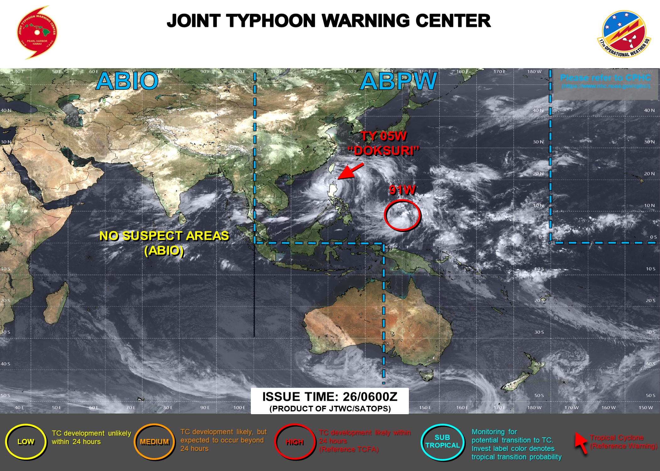 JTWC IS ISSUING 6HOURLY WARNINGS AND 3HOURLY SATELLITE BULLETINS ON TY 05W(DOKSURI). 3HOURLY SATELLITE BULLETINS ARE ISSUED ON INVEST 94B.