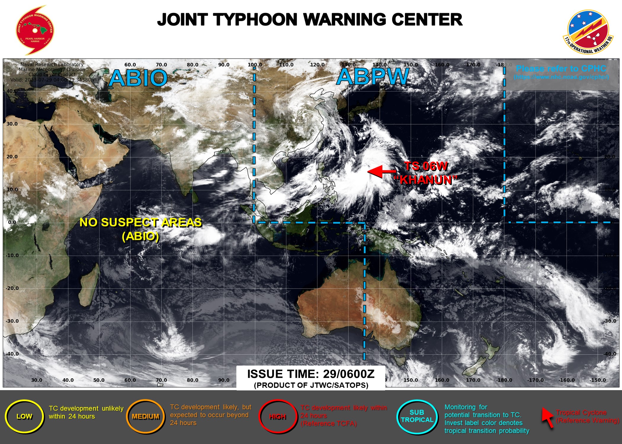 JTWC IS ISSUING 6HOURLY WARNINGS AND 3HOURLY SATELLITE BULLETINS TS 06W(KHANUN). 6HOURLY WARNINGS AND 3HOURLY SATELLITE BULLETINS ON 05W(DOKSURI) WERE ENDED AT 28/0900UTC AND 290530UTC RESPECTIVELY .