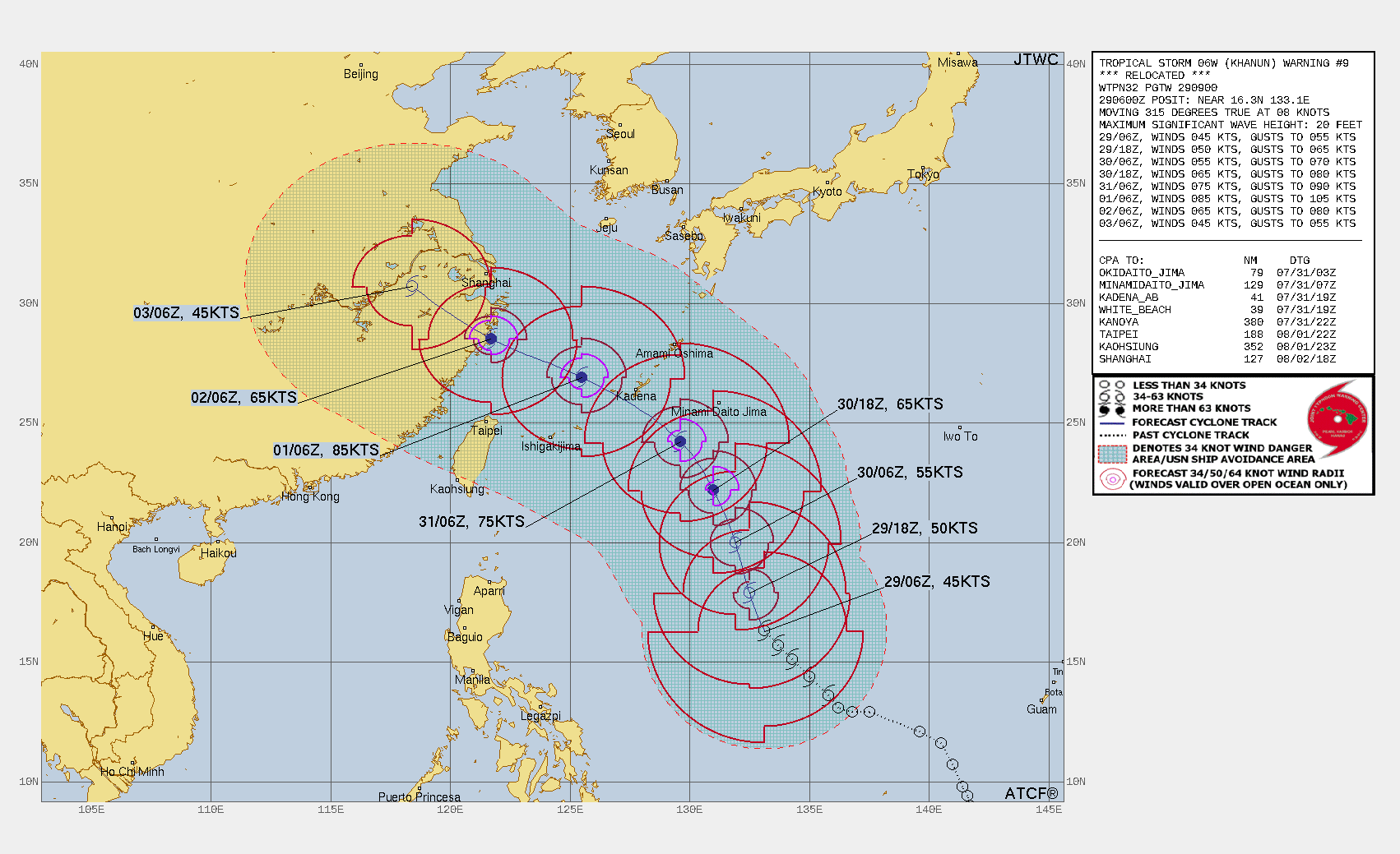 FORECAST REASONING.  SIGNIFICANT FORECAST CHANGES: SHIFTED FORECAST TRACK WEST DUE TO SIGNIFICANT RELOCATION.  FORECAST DISCUSSION: TROPICAL STORM (TS) 05W WILL TRACK NNW THROUGH TAU 24 ALONG THE SW BOUNDARY OF A STRONG ANTICYCLONE CENTERED NEAR 34N 143E. TS 05W IS FORECAST TO SLOWLY INTENSIFY AS IT EXPERIENCES THE EFFECTS OF MID- TO UPPER-LEVEL DRY AIR ENTRAINMENT AND NORTHERLY SHEAR, ESPECIALLY APPARENT IN THE NW QUADRANT. AFTER TAU 24, THE SYSTEM IS ANTICIPATED TO TURN MORE NW-WNW DUE TO THE STRONG INFLUENCE OF A STEERING RIDGE TO THE NORTH. THE NORTHERLY SHEAR IS ANTICIPATED TO WEAKEN, ALLOWING FOR A MORE FAVORABLE ENVIRONMENT AND QUICKER INTENSIFICATION. A PEAK OF APPROXIMATELY 85KT WINDS IS ANTICIPATED TO OCCUR NEAR TAU 72. THE SYSTEM IS EXPECTED TO MAKE LANDFALL AROUND TAU 96 AND DISSIPATE OVERLAND AFTER TAU 120.