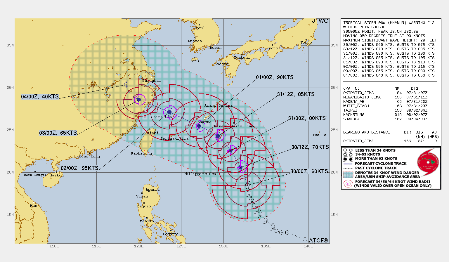 FORECAST REASONING.  SIGNIFICANT FORECAST CHANGES: THERE ARE NO SIGNIFICANT CHANGES TO THE FORECAST FROM THE PREVIOUS WARNING.  FORECAST DISCUSSION: TS KHANUN WILL CONTINUE ON A MORE NORTH-NORTHWESTWARD TRACK UNDER THE STEERING INFLUENCE OF THE NER. AFTER TAU 36, A SUBTROPICAL RIDGE (STR) TO THE NORTH WILL ASSUME STEERING AND DRIVE THE SYSTEM ON A NORTHWESTWARD TRAJECTORY TOWARD OKINAWA, PASSING APPROXIMATELY 66 NM SOUTHWEST OF THE KADENA AB AROUND TAU 48 PRIOR TO DRIFTING INTO THE EAST CHINA SEA AND MAKING LANDFALL SOUTH OF SHANGHAI AROUND TAU 90. THE FAVORABLE ENVIRONMENT WILL FUEL A GRADUAL INTENSIFICATION AIDED BY INCREASING POLEWARD  OUTFLOW AS THE STEERING MECHANISM SWITCHES TO THE STR TO A PEAK OF  95KTS BY TAU 72. AFTER TAU 72, SUBSIDENCE CAUSED BY A PASSING MID- LATITUDE TROUGH TO THE NORTH WILL WEAKEN 06W TO 65 KTS AT TAU 96.  AFTER LANDFALL, INTERACTION WITH THE RUGGED CHINESE INTERIOR WILL  MOSTLY BE RESPONSIBLE FOR THE RAPID EROSION, AND BY TAU 120, 06W  WILL BE REDUCED TO 40 KTS, POSSIBLY WEAKER, AS IT TRACKS FURTHER  INLAND.